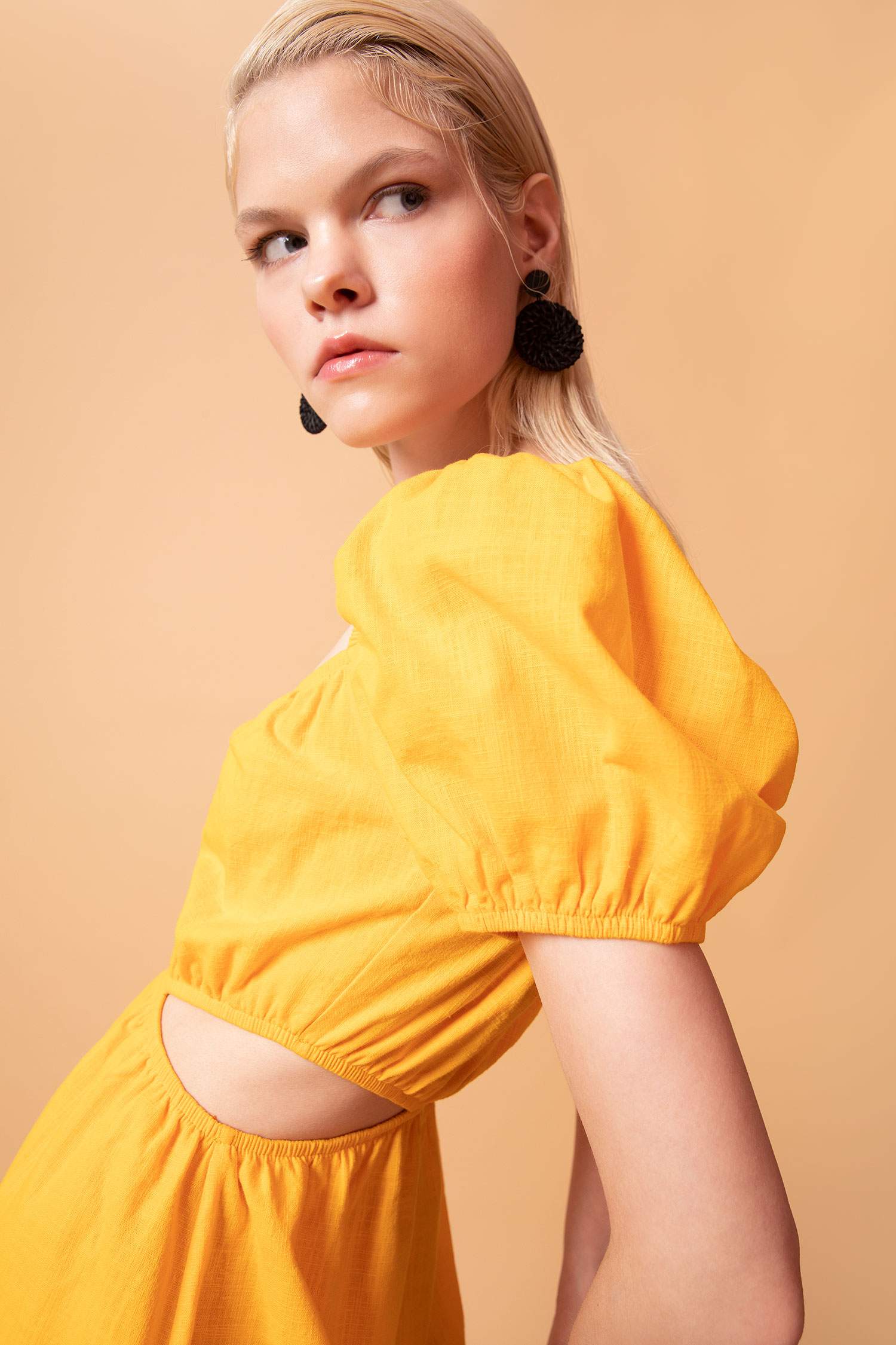 Yellow WOMEN A Cut Short Sleeve Cut Out Mini Dress 2530428 DeFacto