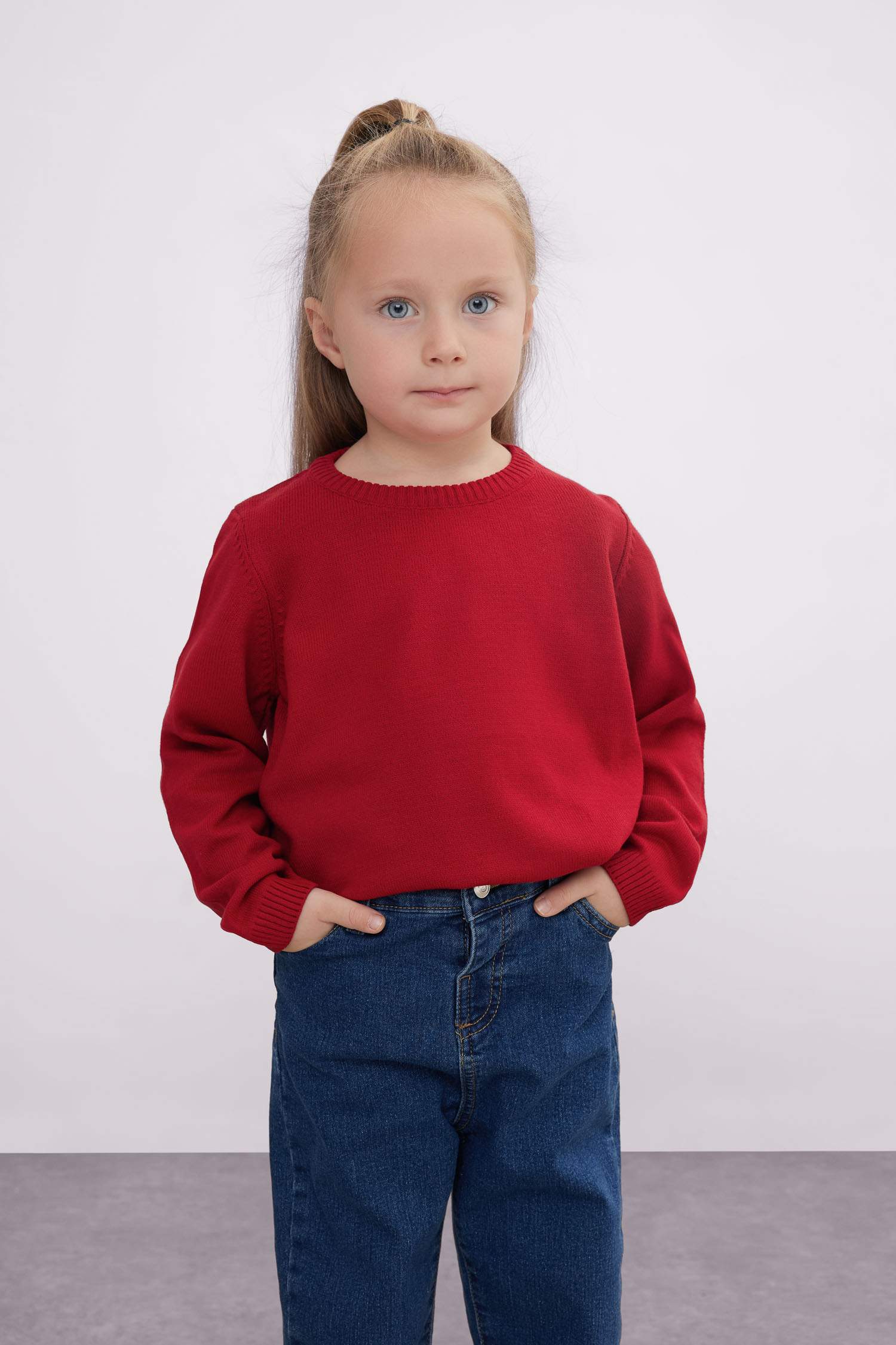 Kız Bebek Kırmızı Bisiklet Yaka Basic Düz Triko Kazak