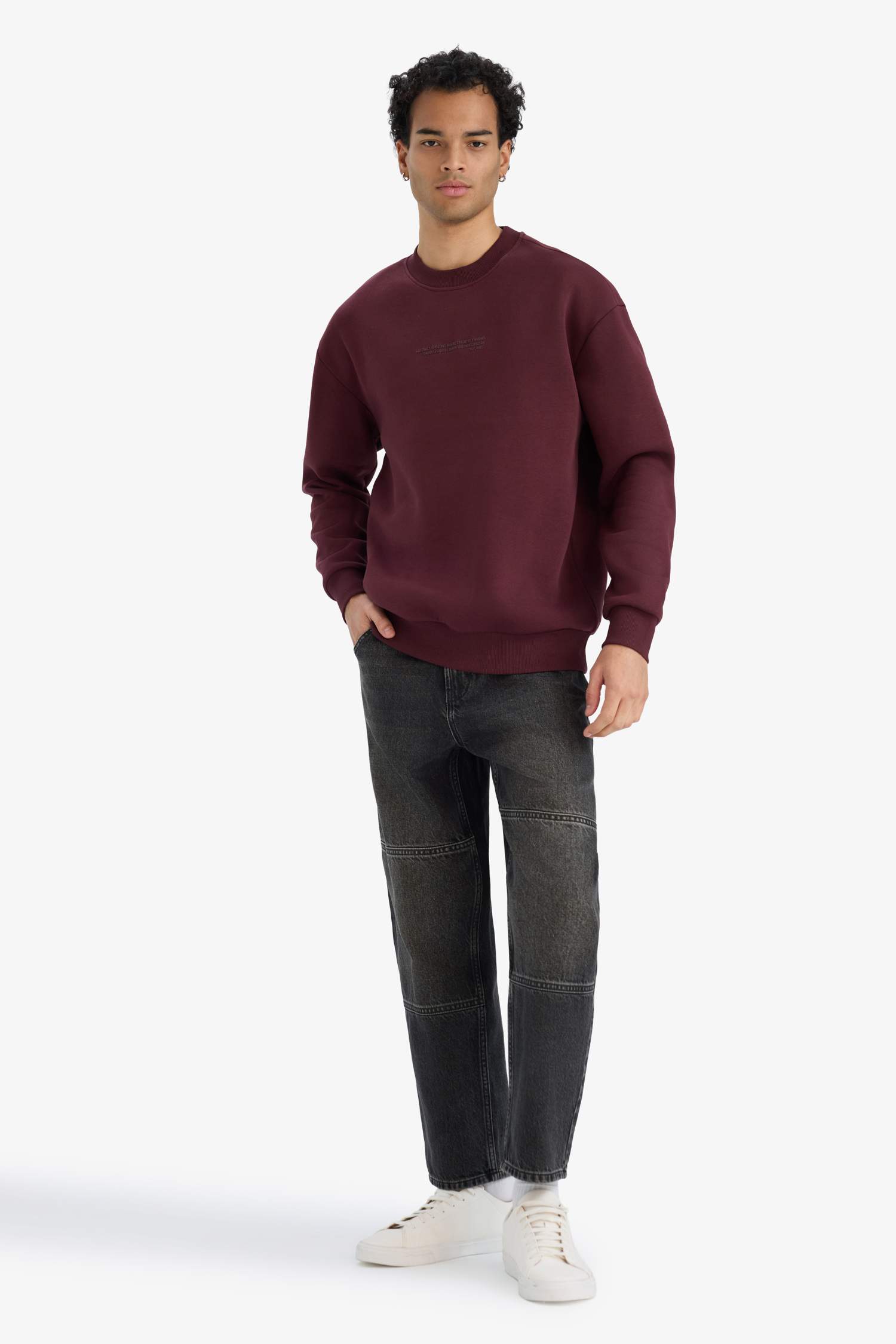 Boxy Fit Bisiklet Yaka İçi Yumuşak Tüylü Baskılı Sweatshirt