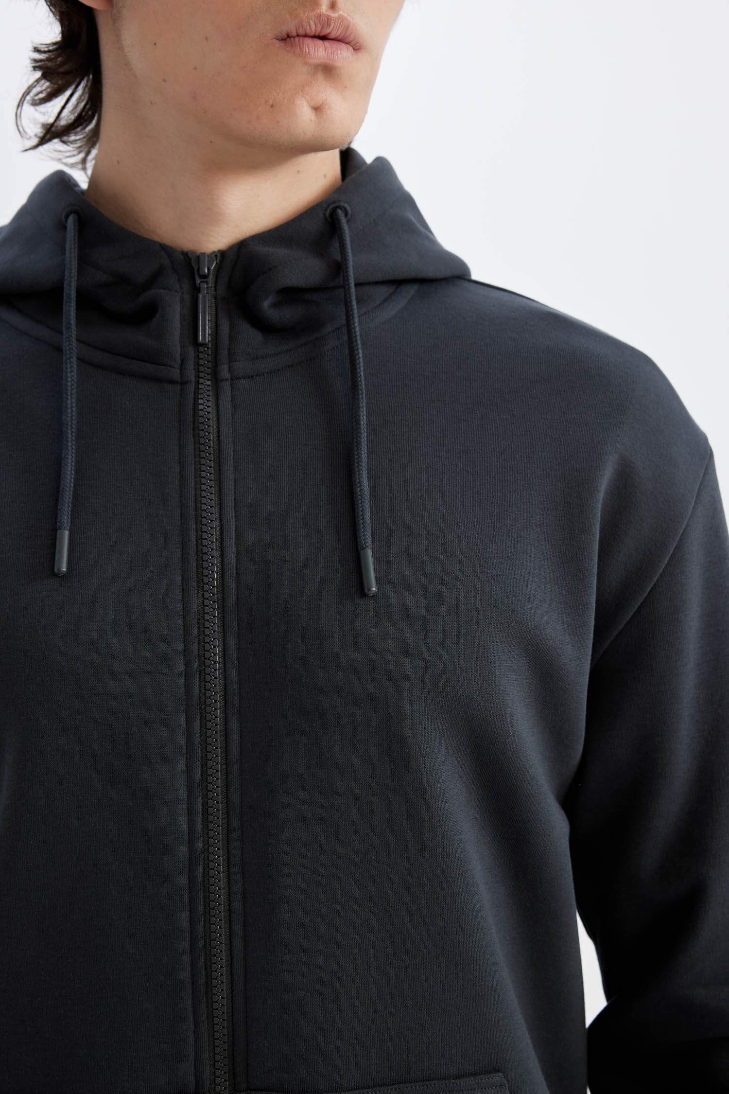 Regular Fit Kapüşonlu İçi Yumuşak Tüylü Cepli Basic Düz Fermuarlı Sweatshirt