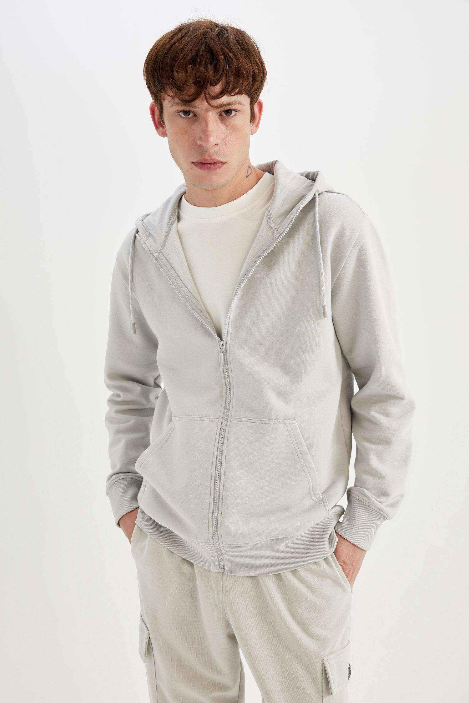 Regular Fit Hooded Soft Furry Inside Basic Zippered Sweatshirt