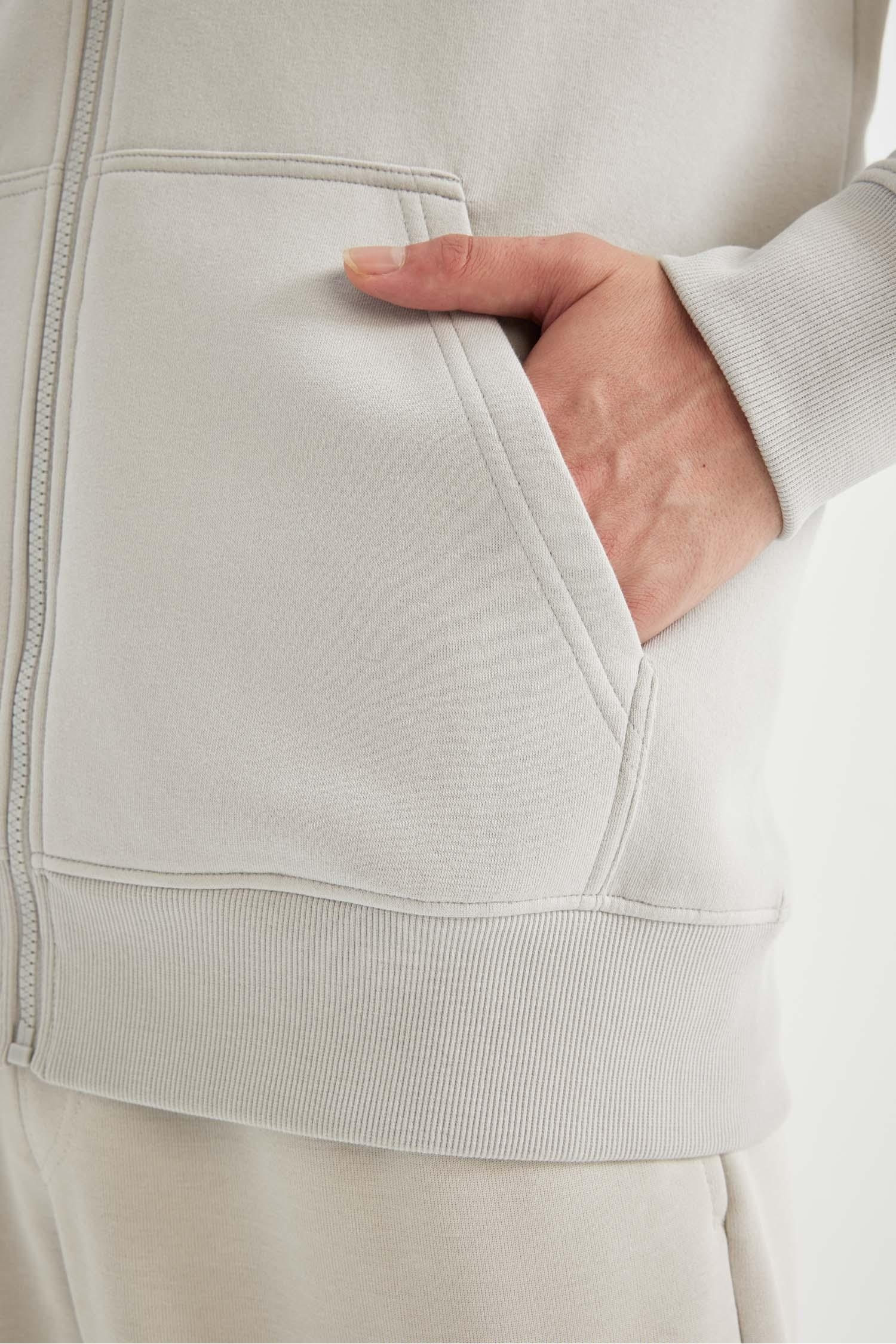 Regular Fit Hooded Soft Furry Inside Basic Zippered Sweatshirt