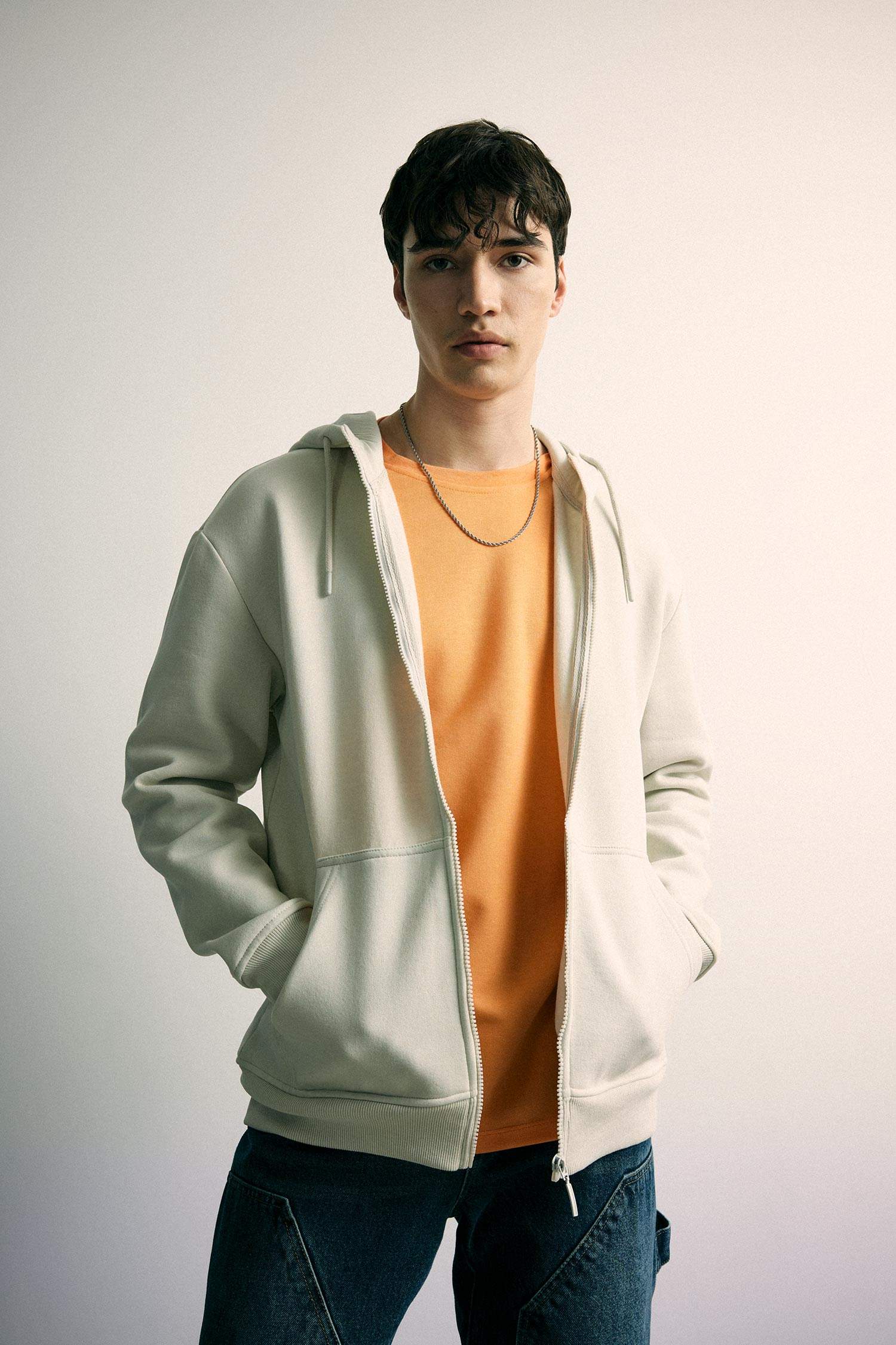 Gray Regular Fit Hooded Soft Furry Inside Pocket Basic Sweatshirt