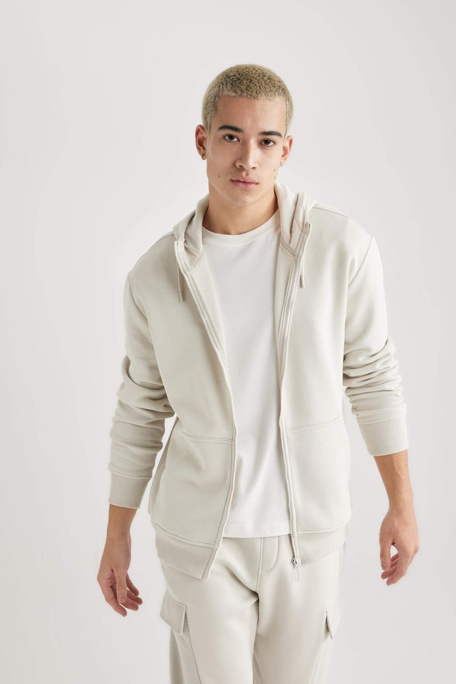 Gray Regular Fit Hooded Soft Furry Inside Pocket Basic Sweatshirt