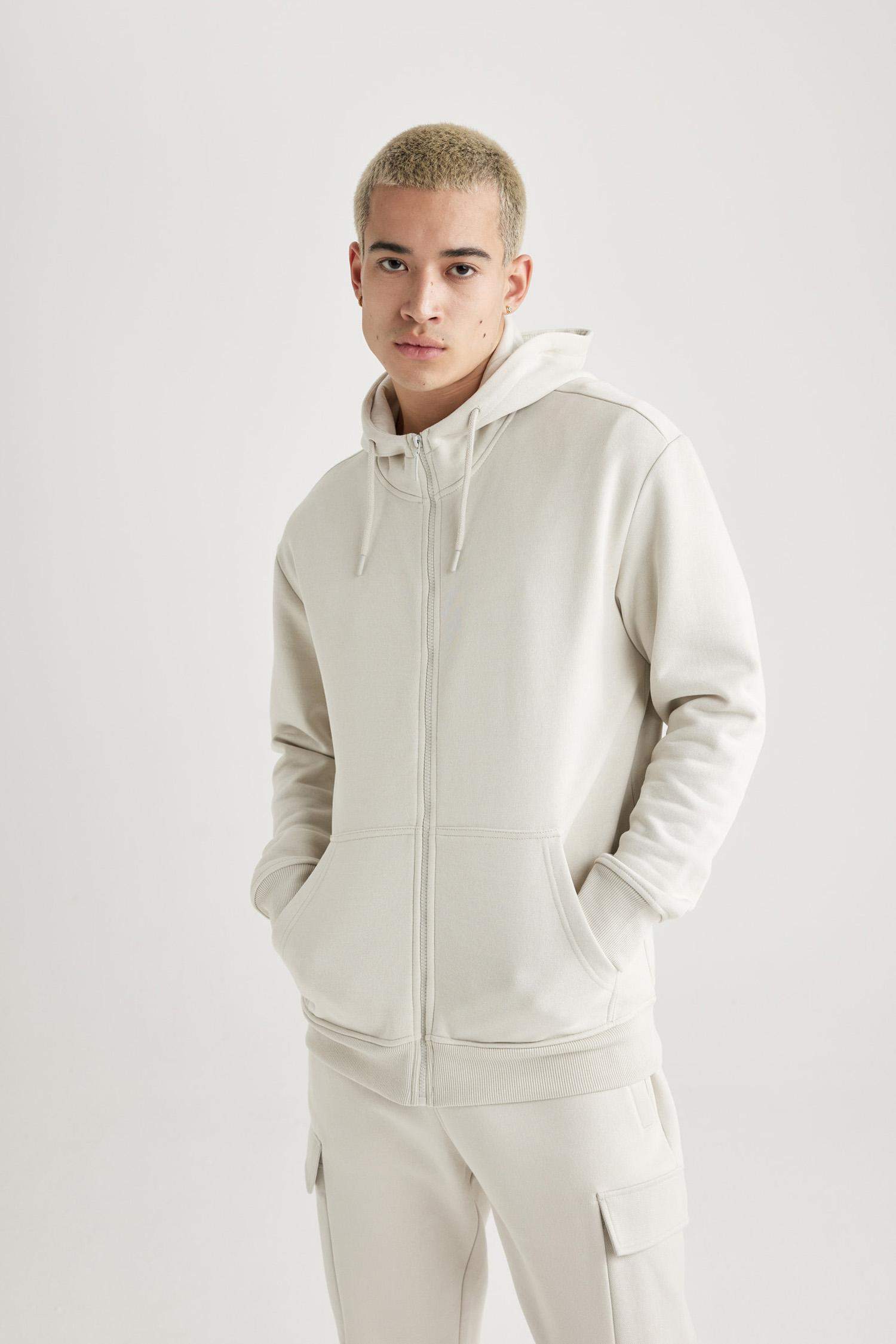 Gray Regular Fit Hooded Soft Furry Inside Pocket Basic Sweatshirt