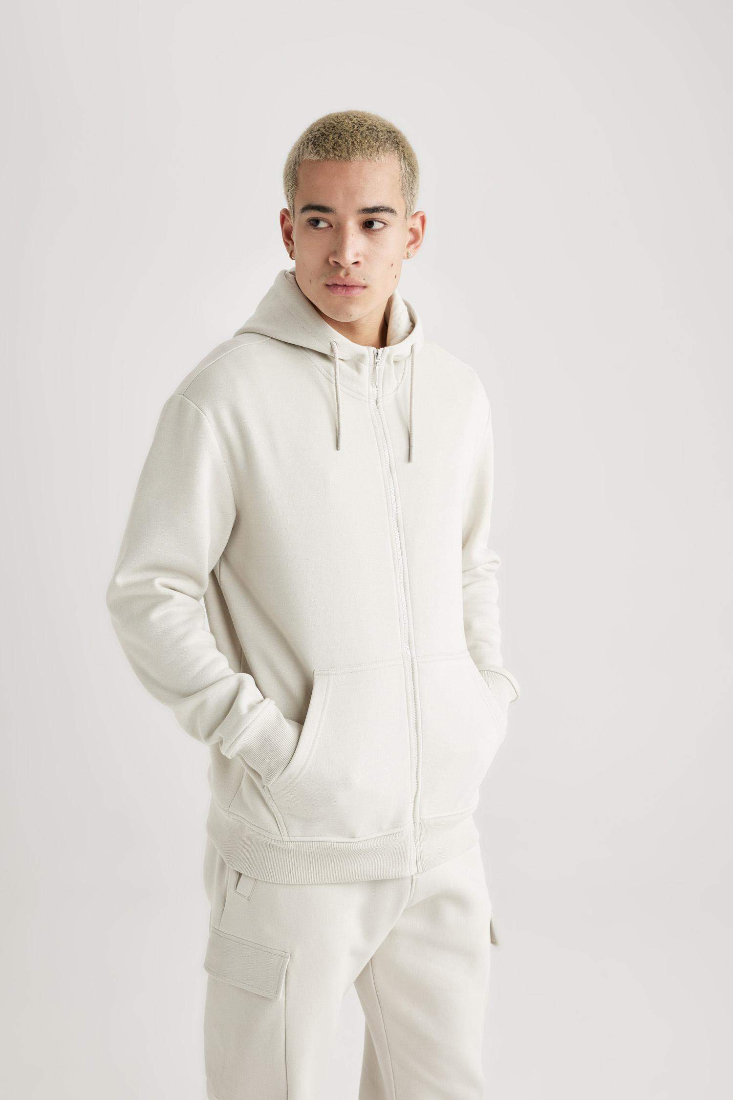 Gray Regular Fit Hooded Soft Furry Inside Pocket Basic Sweatshirt