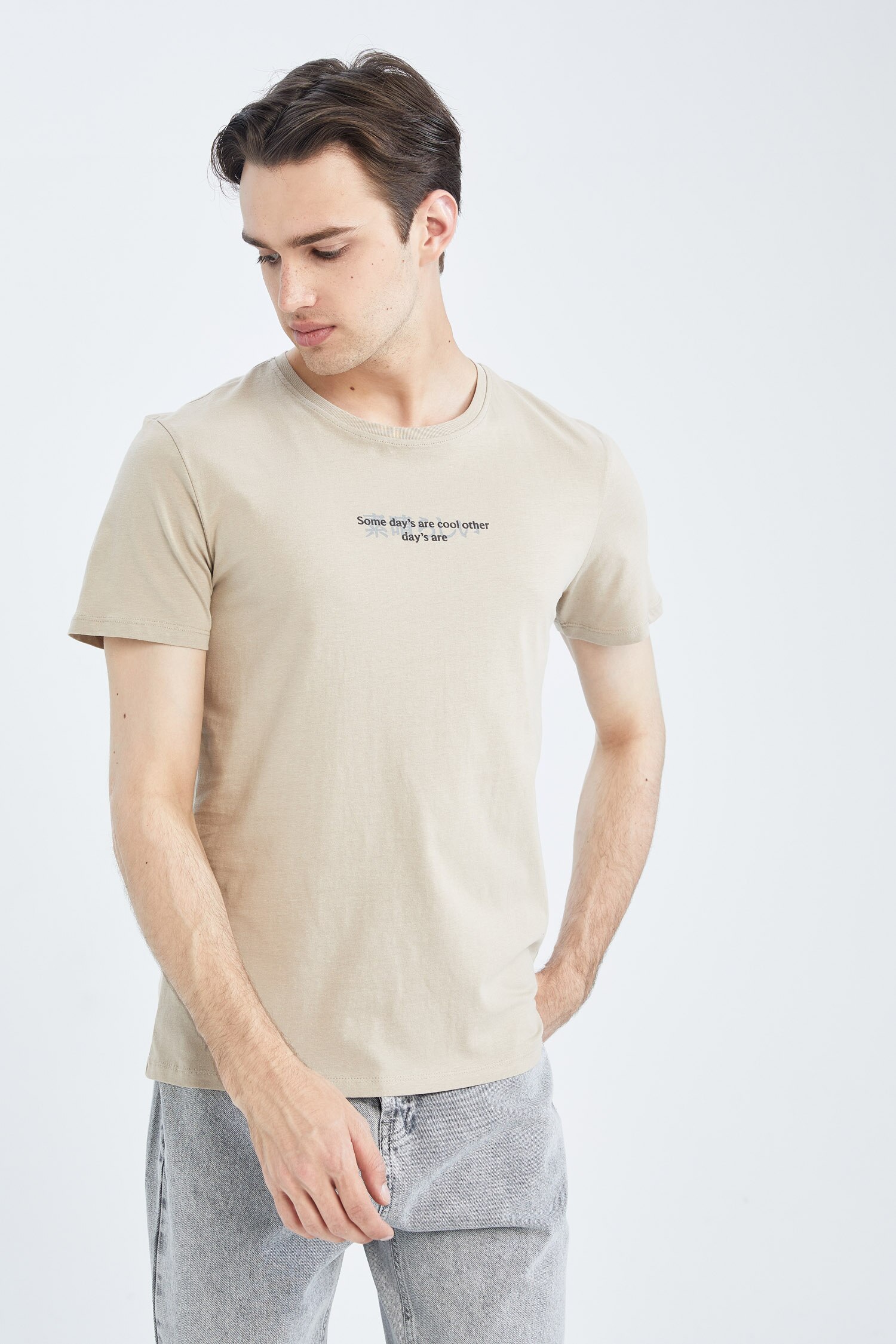 Beige MAN Slim Fit Crew Neck Printed 