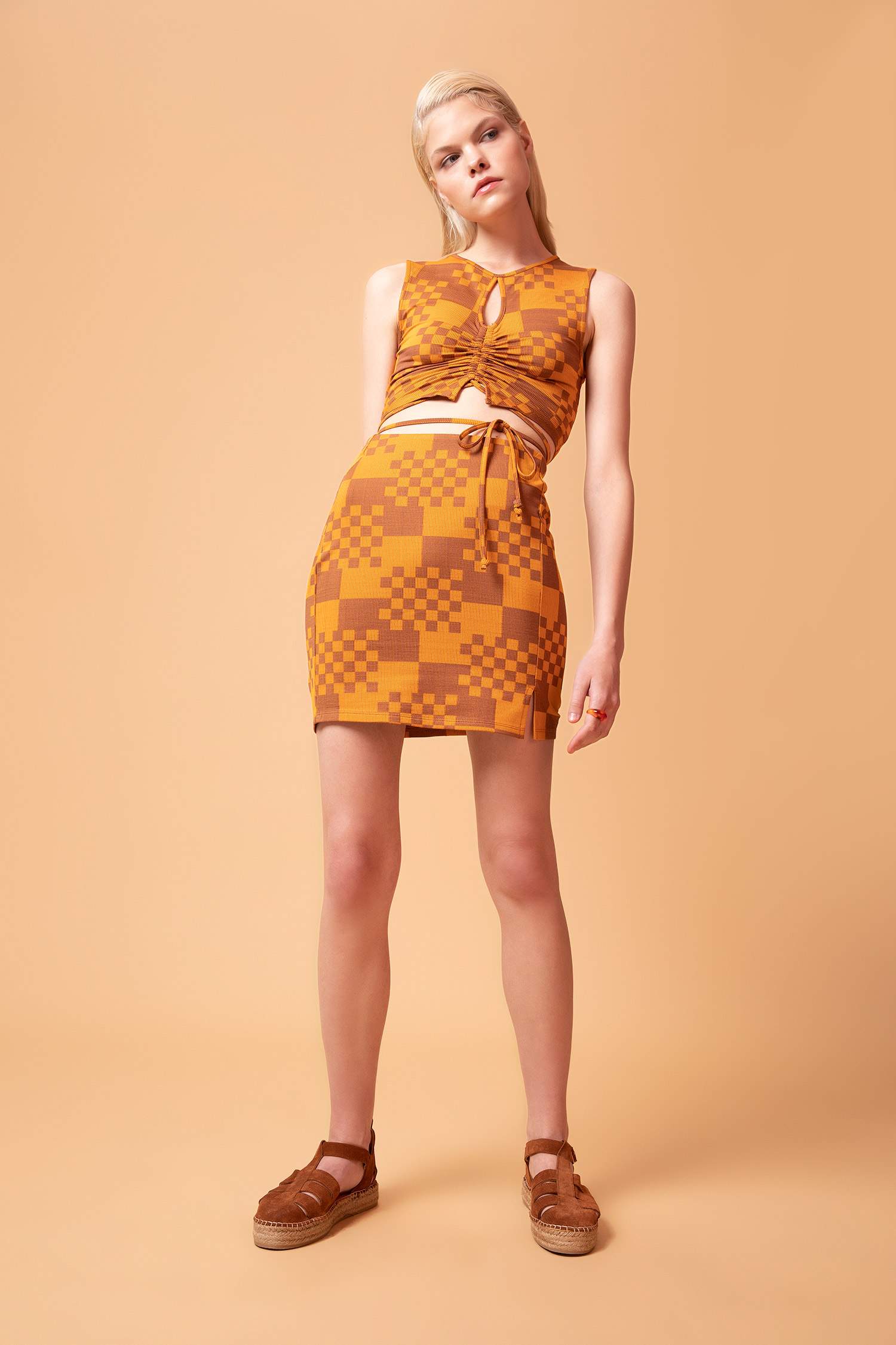 A-Line Checkered Patterned Slit Detail Mini Skirt