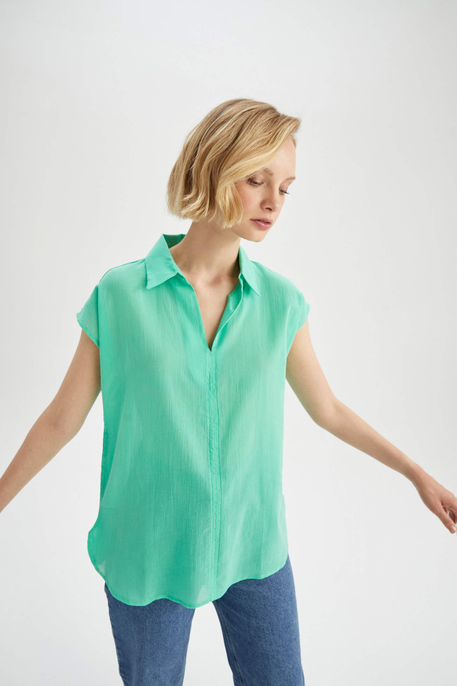 Turquoise WOMAN Regular Fit Shirt Collar Short Sleeve Blouse 2543114 ...