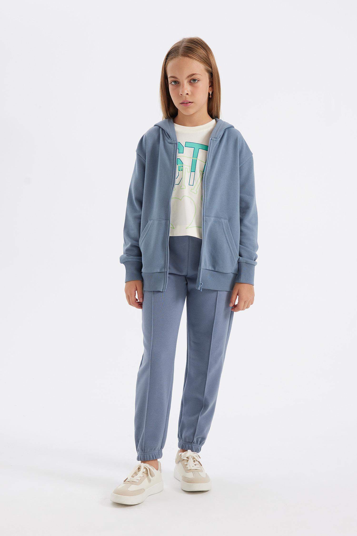 Kız Çocuk Gri Standart Fit Beli Paçası Lastikli Cepli Basic Düz Okul Jogger Eşofman Altı