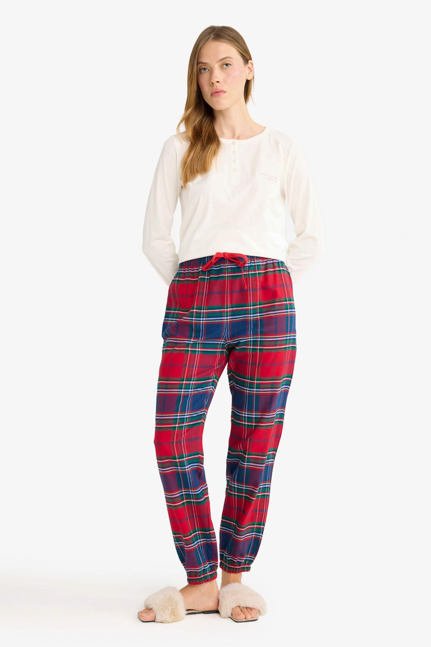 Yılbaşı Temalı Beli Lastikli Ekose Desenli Flanel Pijama Altı-Fall in Love 