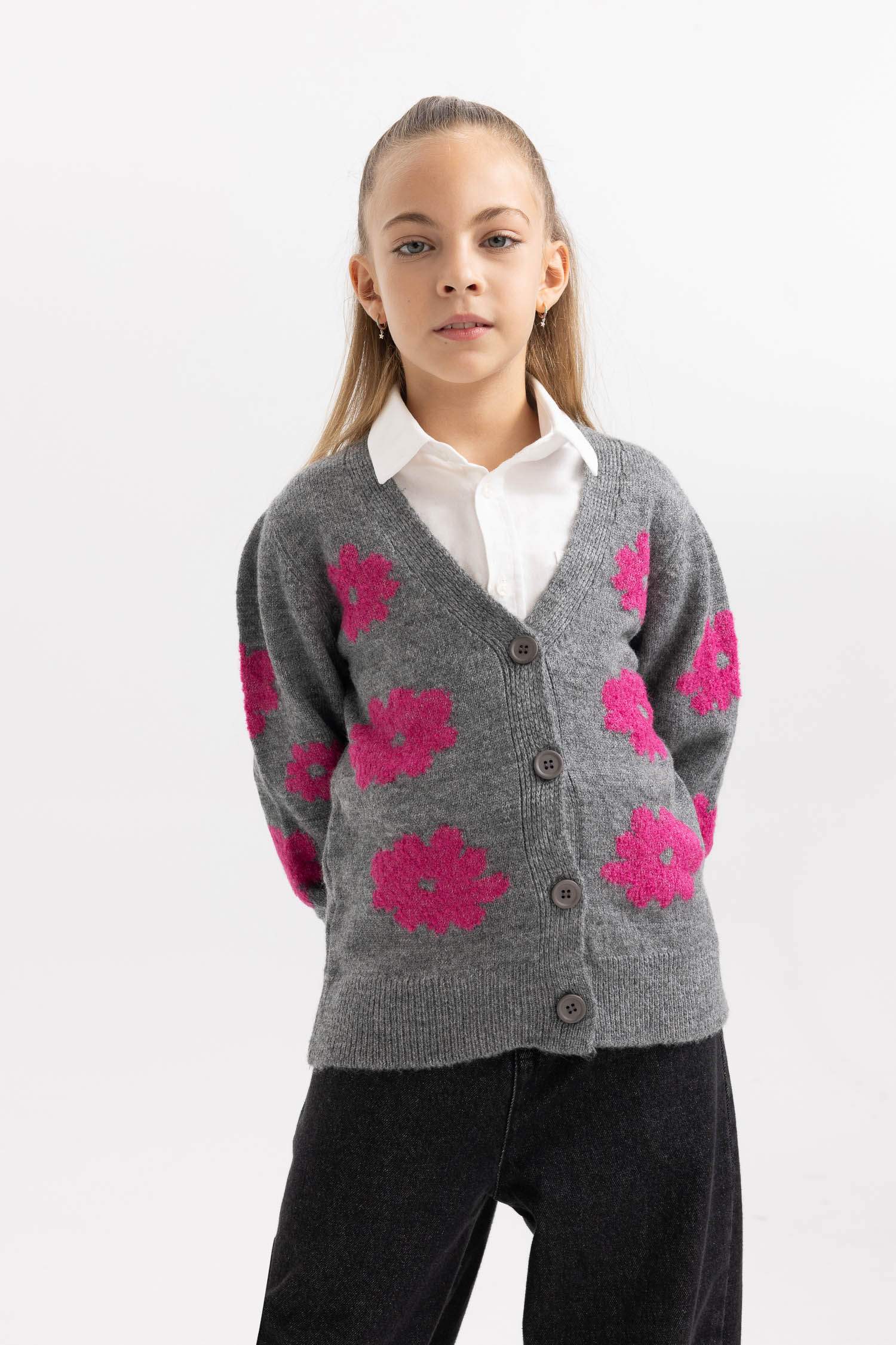 Қыздарға v жаға трикотаж Кардиган