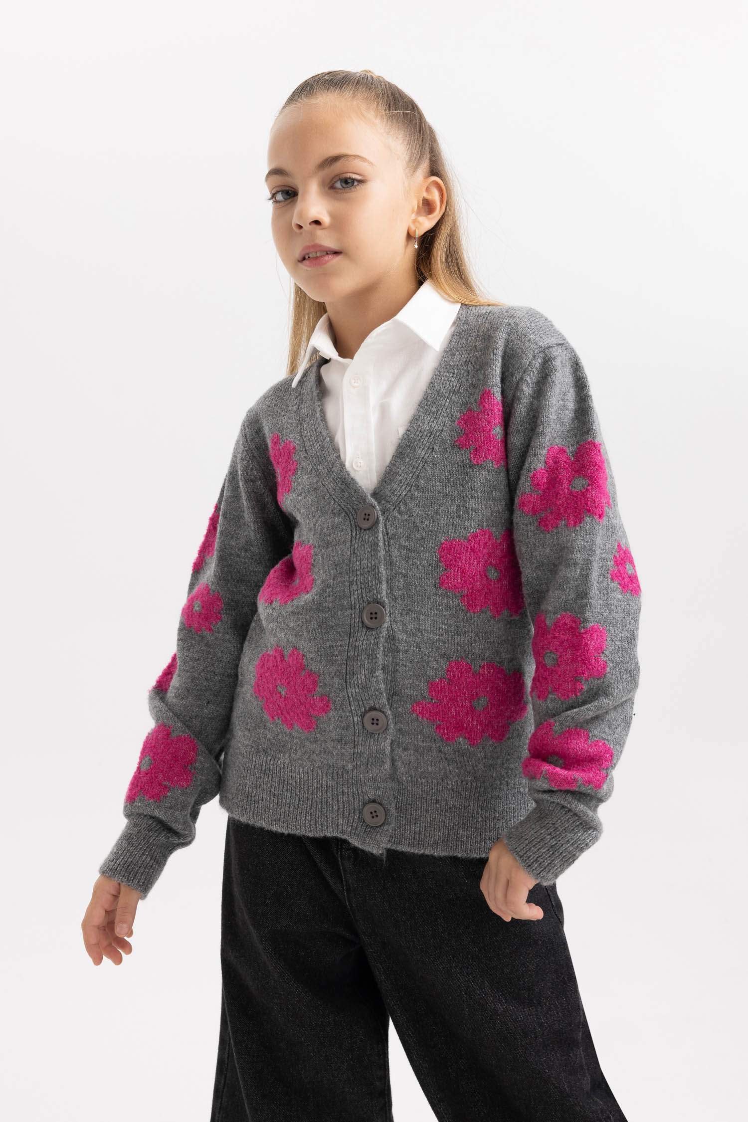 Қыздарға v жаға трикотаж Кардиган