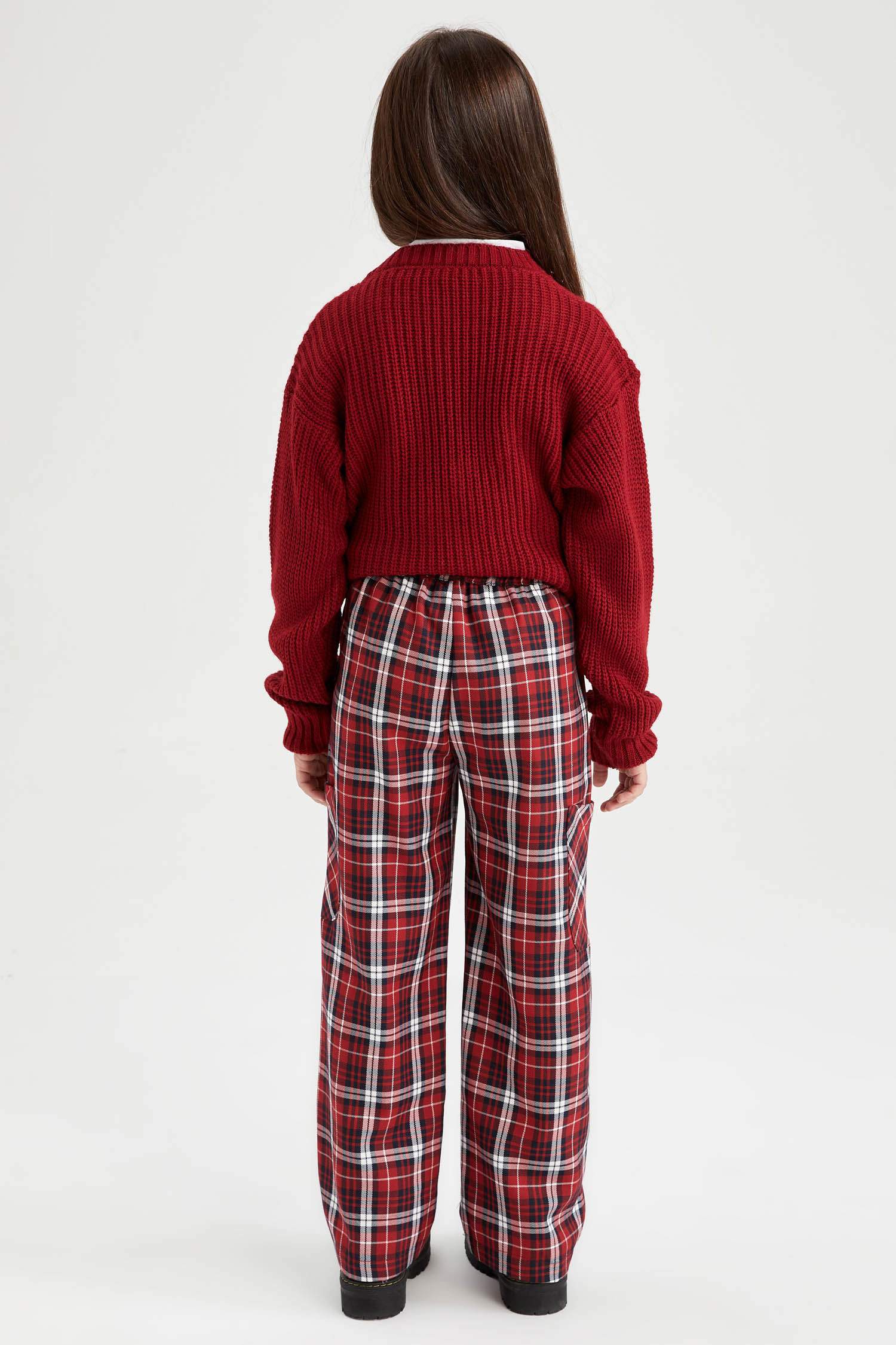 بنطلون بناتي كاروهات قصة عادية برجل واسع