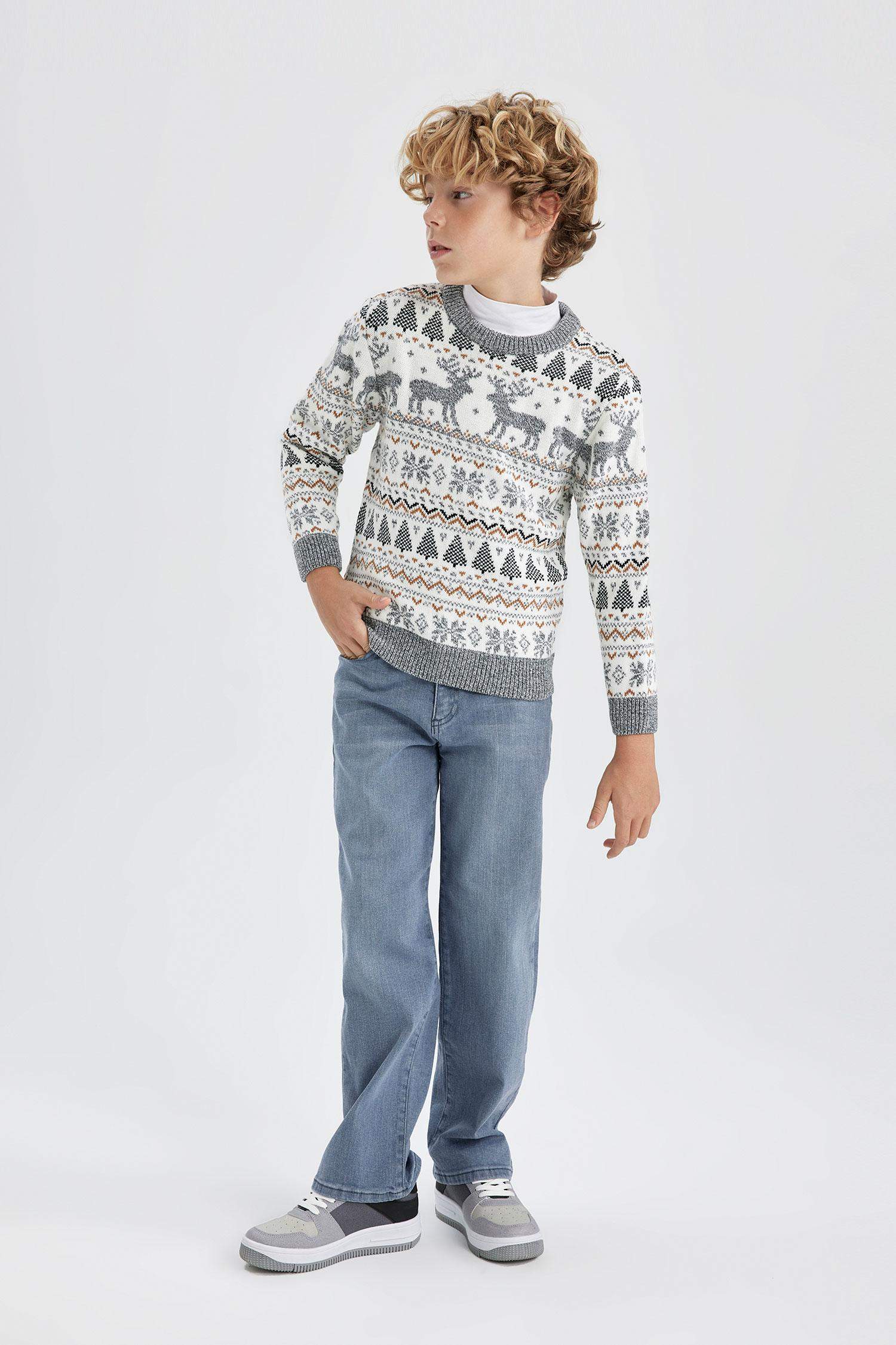 Erkek Çocuk Yılbaşı Temalı Mini Me Bisiklet Yaka Triko Kazak