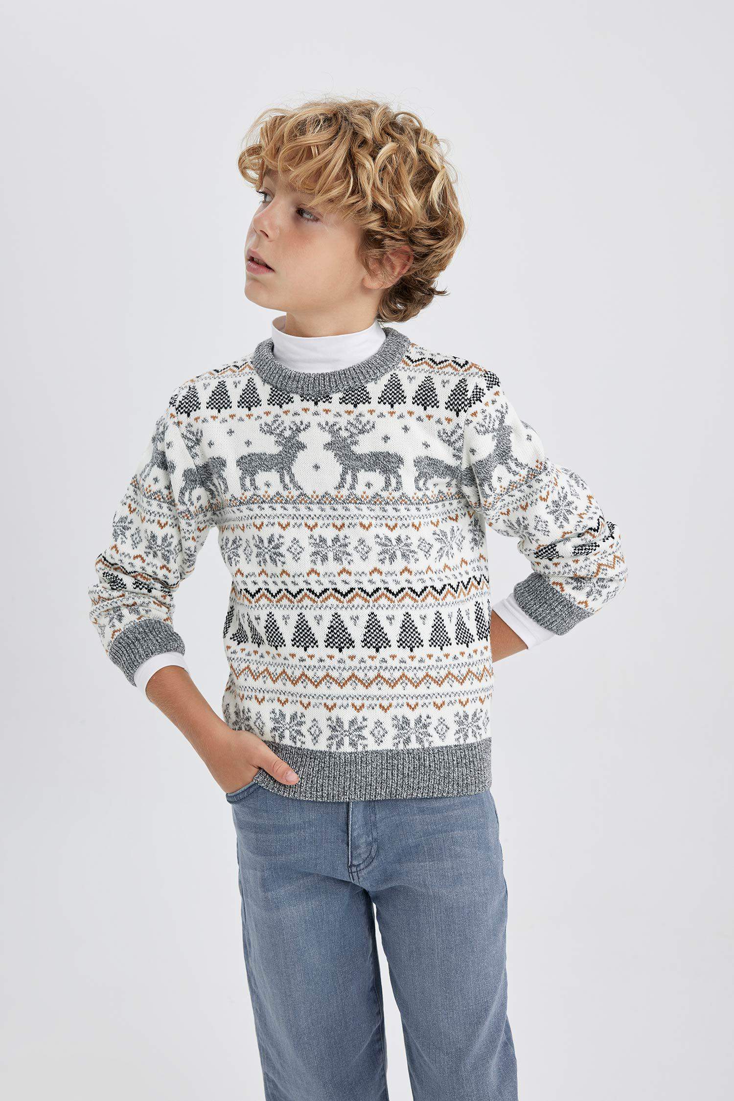 Erkek Çocuk Yılbaşı Temalı Mini Me Bisiklet Yaka Triko Kazak