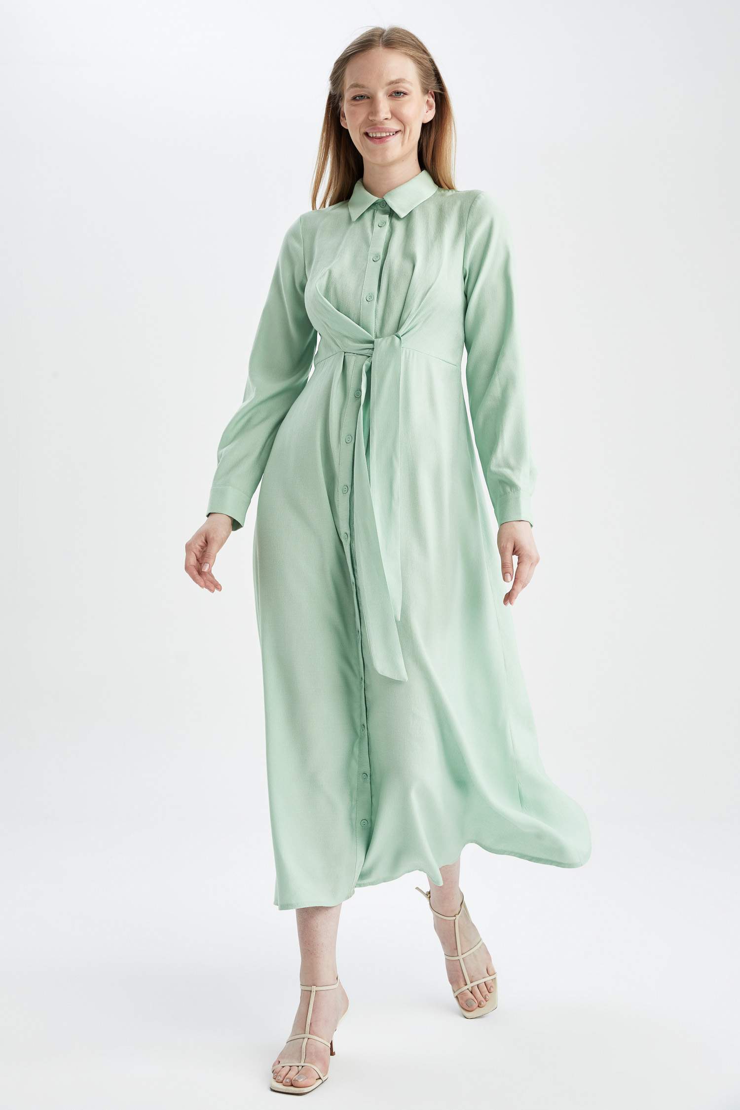 Regular Fit Sash Detailed Shirt Collar Maxi Dress