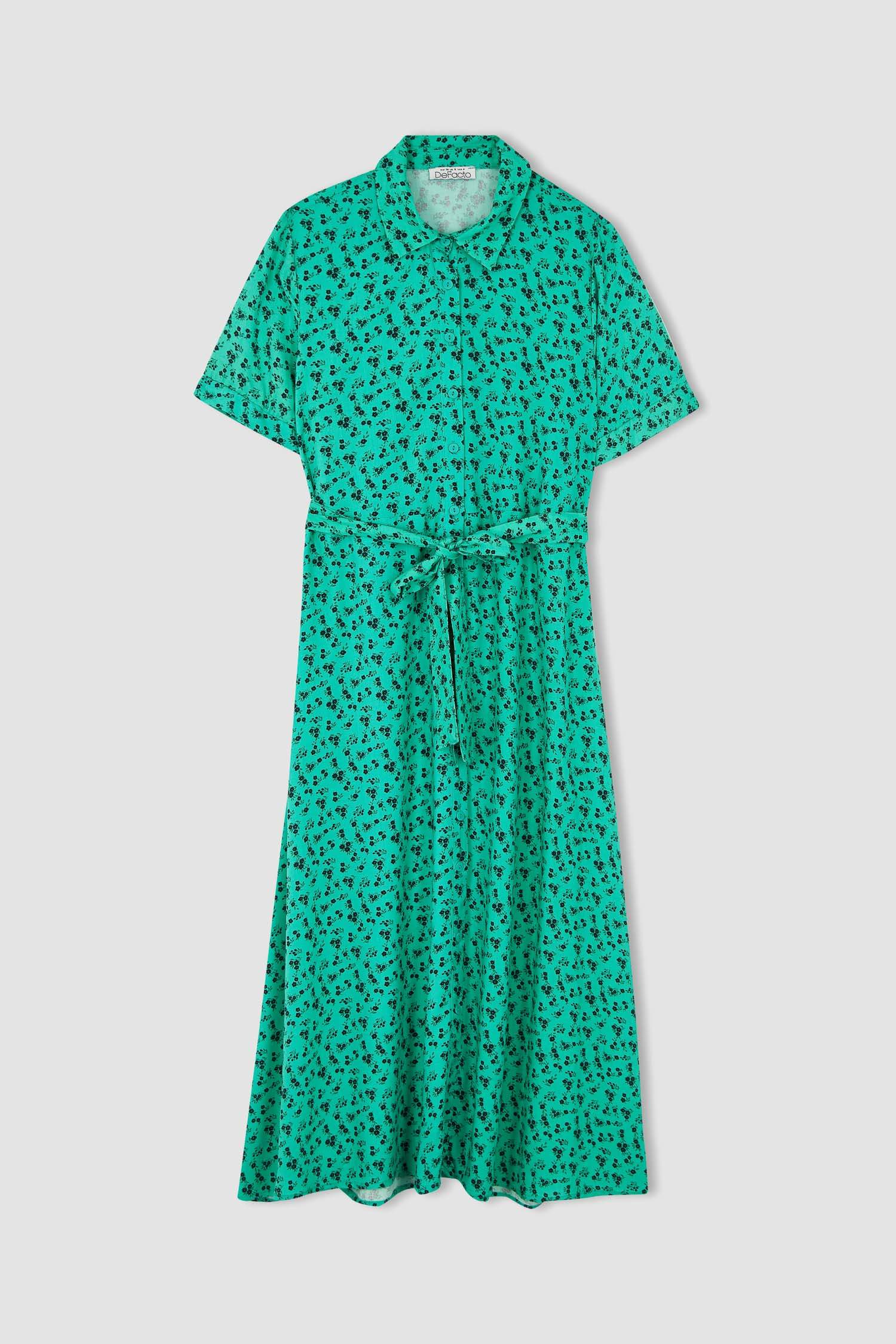 Green Woman Shirt Collar Short Sleeve Floral Print Maxi Dress 2532228 DeFacto