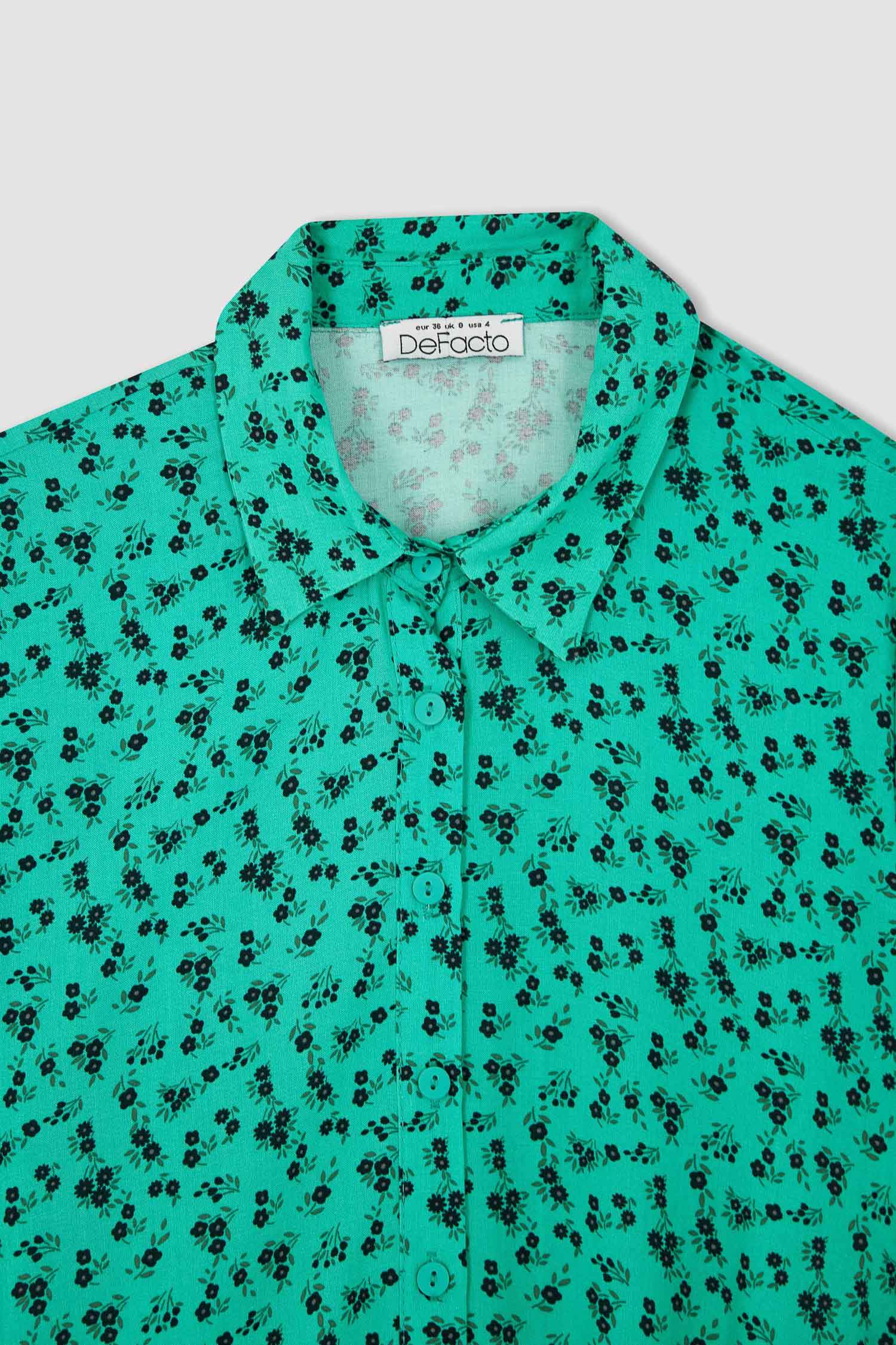 Gömlek Yaka Baskılı Kısa Kollu Midi Elbise