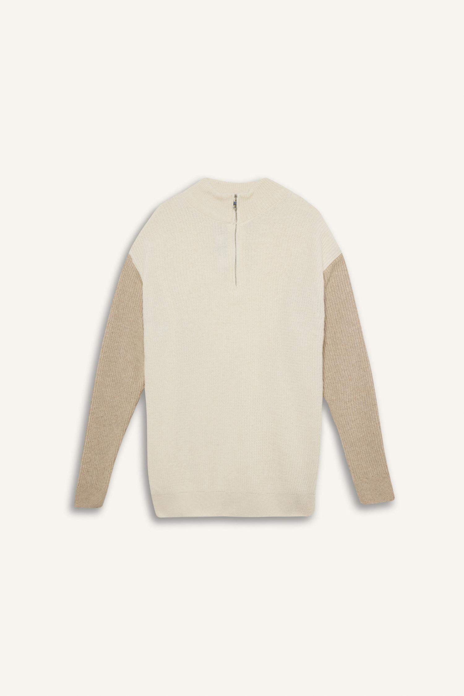 Relax Fit Renk Bloklu Dik Yaka Yarım Fermuarlı Triko Kazak