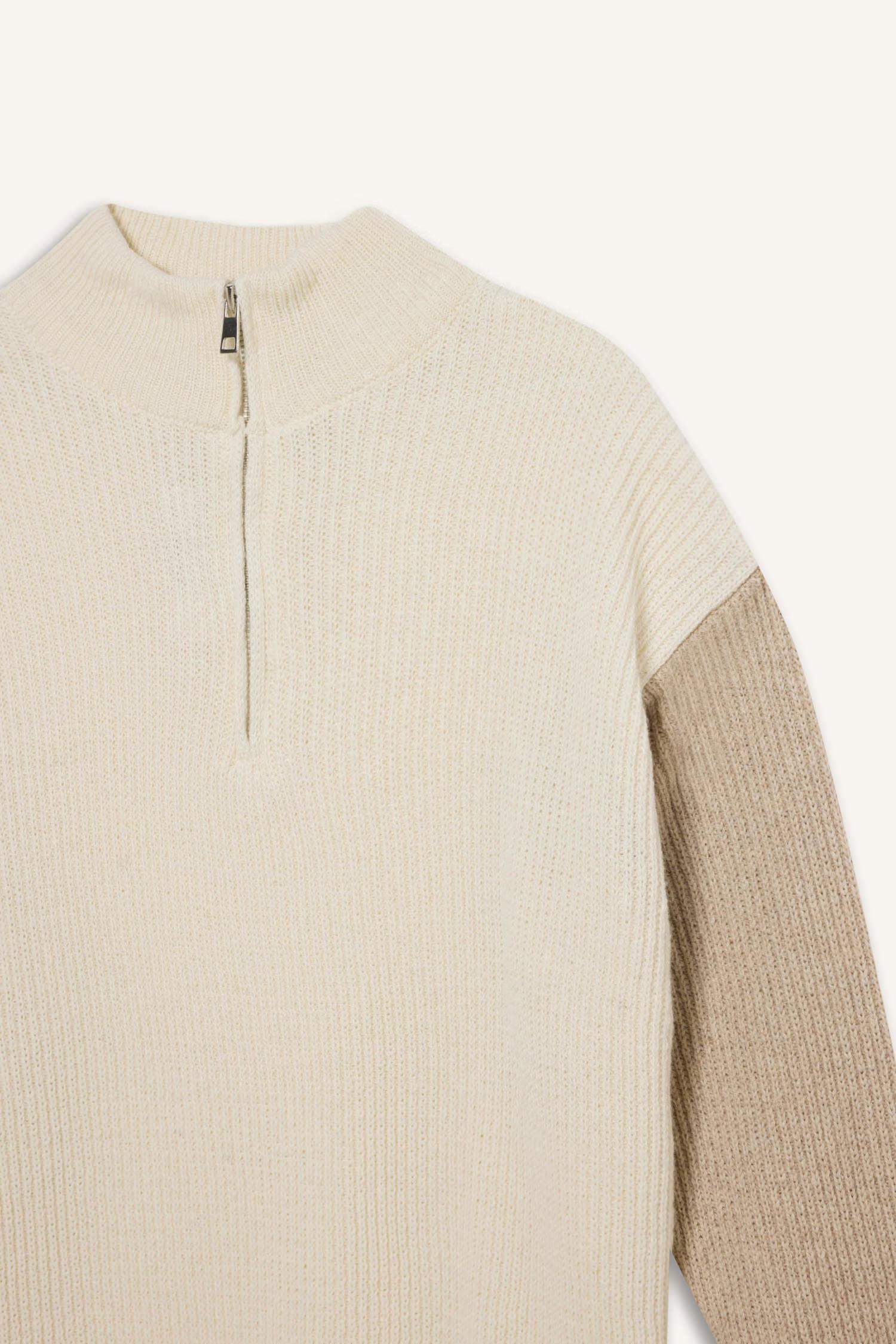 Relax Fit Renk Bloklu Dik Yaka Yarım Fermuarlı Triko Kazak