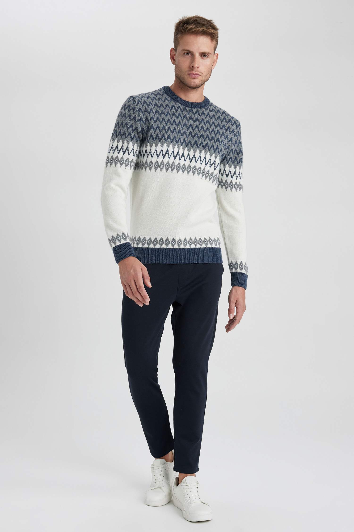 Regular Fit Desenli Bisiklet Yaka Triko Kazak