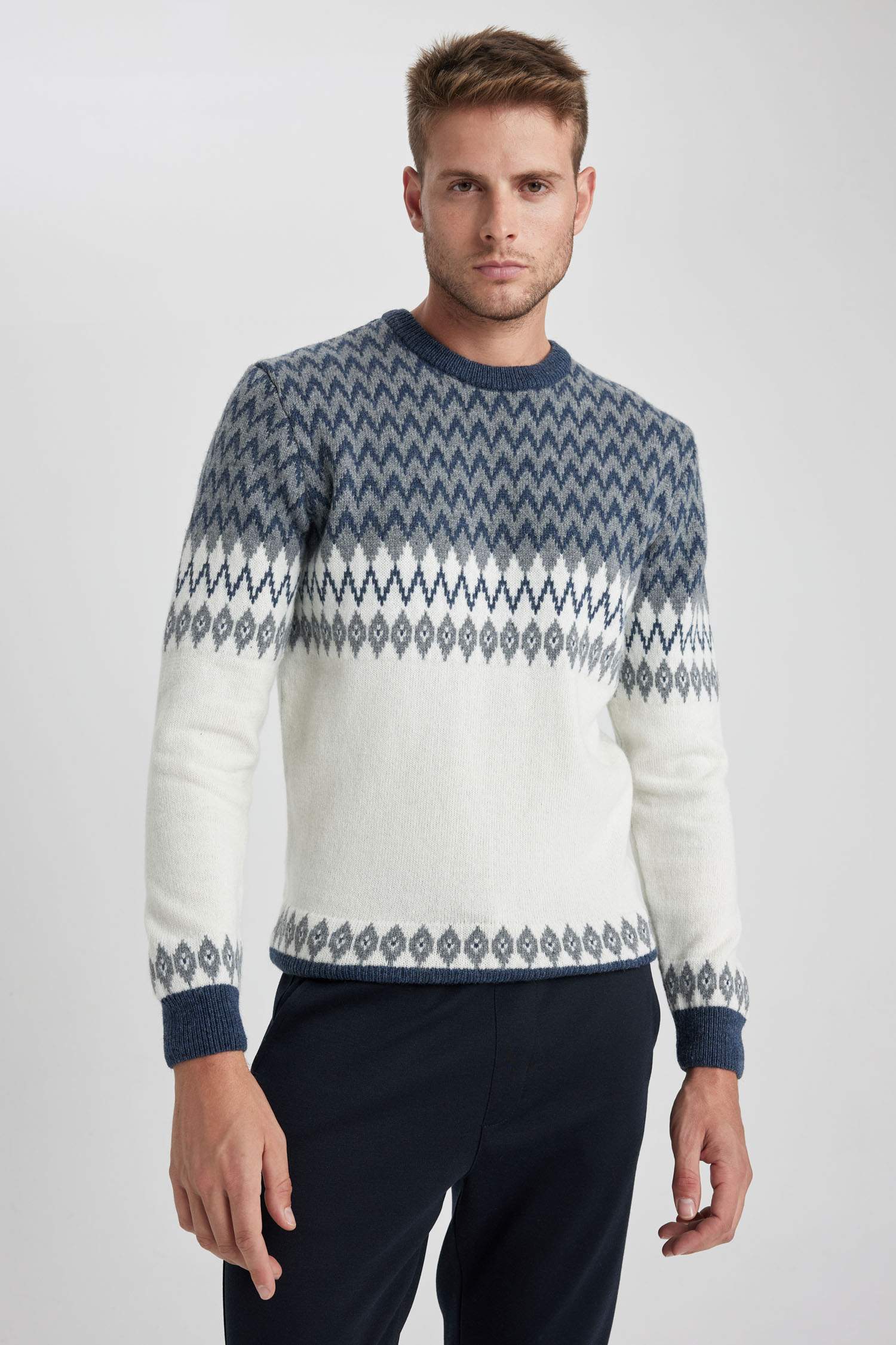 Regular Fit Desenli Bisiklet Yaka Triko Kazak