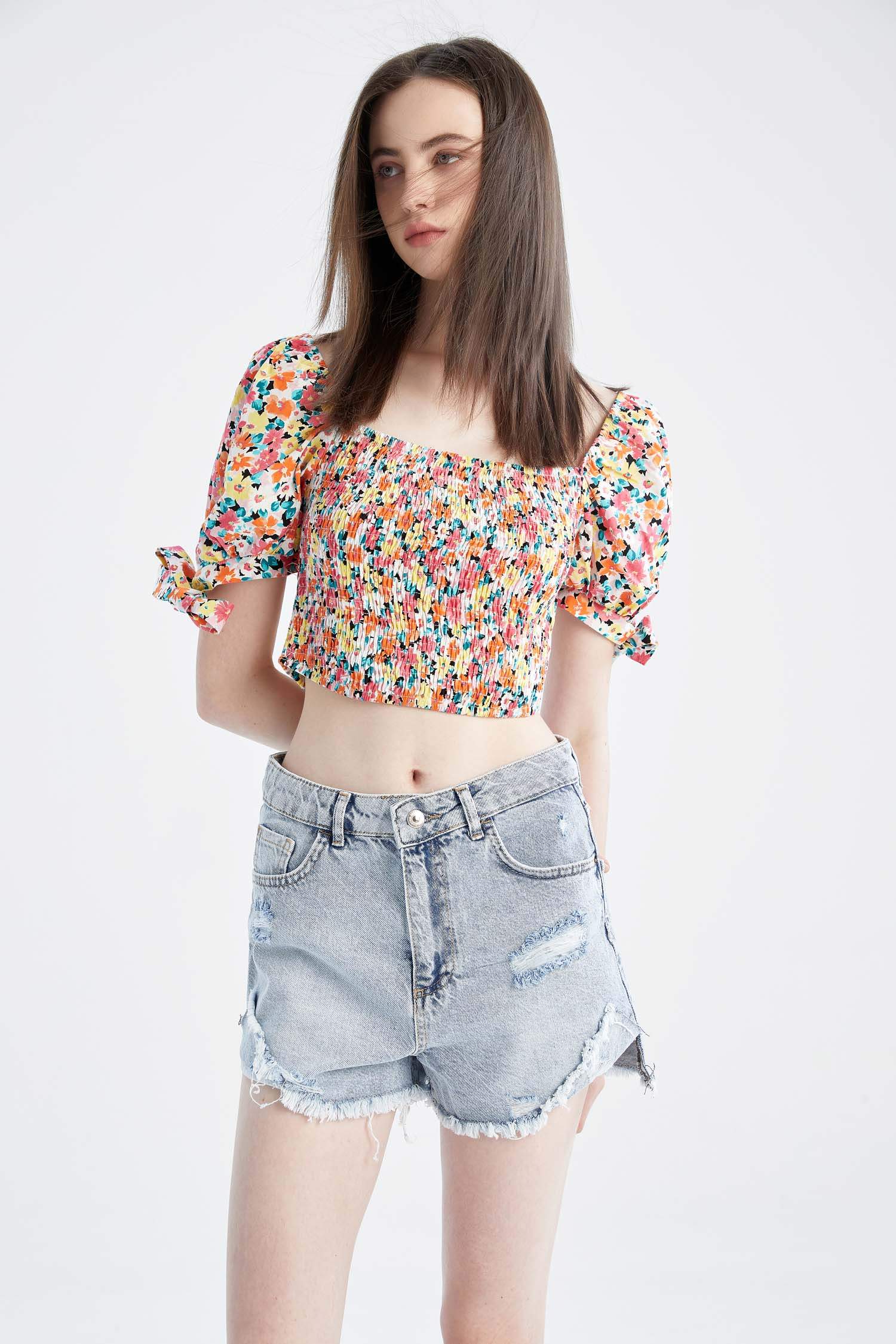 Coool қысқартылған пішім тұтас басып шығарылған шаршы ойық Қысқа жеңді Блуза