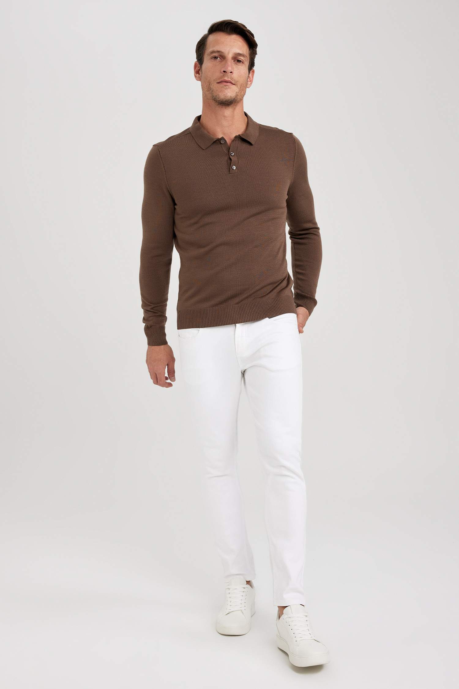 Slim Fit Dar Kesim Polo Yaka Basic Düz Triko Kazak