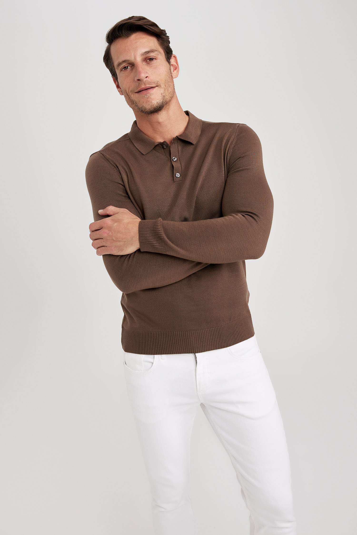 Slim Fit Dar Kesim Polo Yaka Basic Düz Triko Kazak