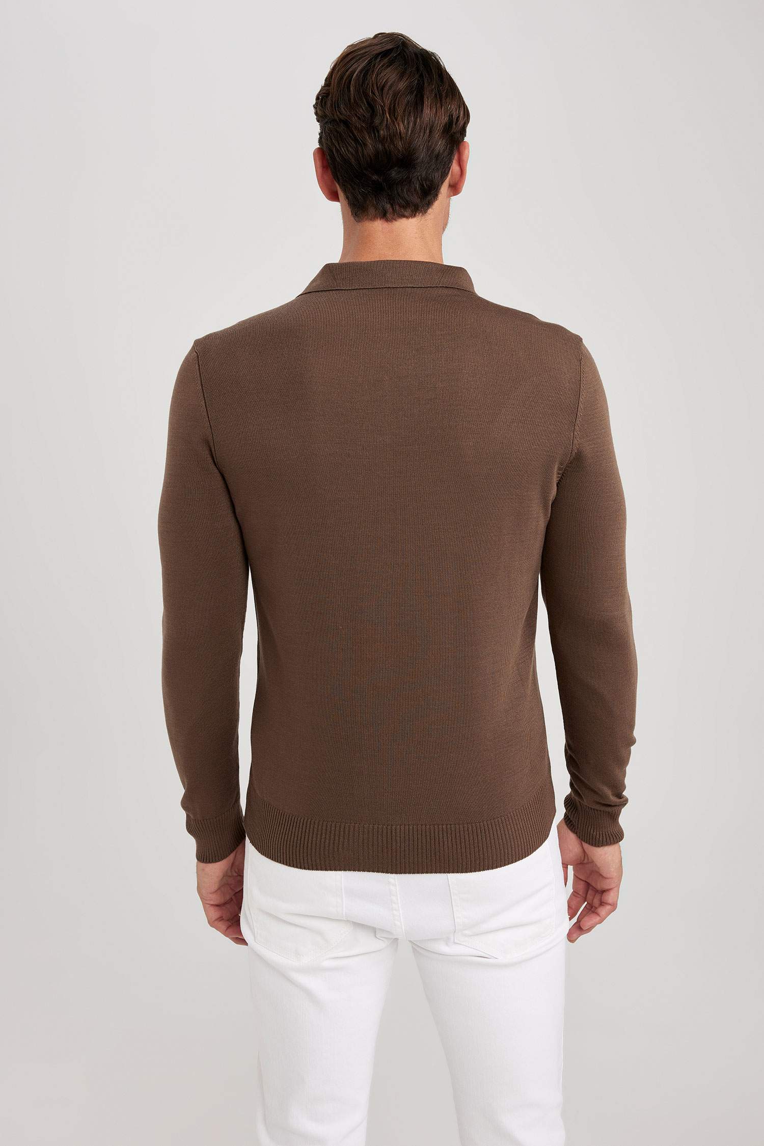 Slim Fit Dar Kesim Polo Yaka Basic Düz Triko Kazak