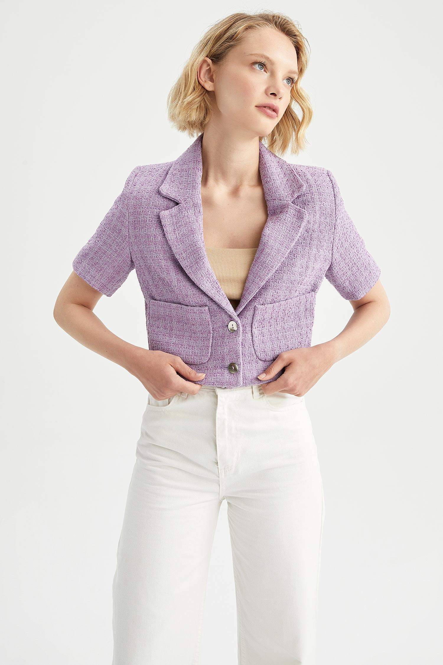 Defacto Crop Tweed Kısa Kollu Blazer Ceket. 3