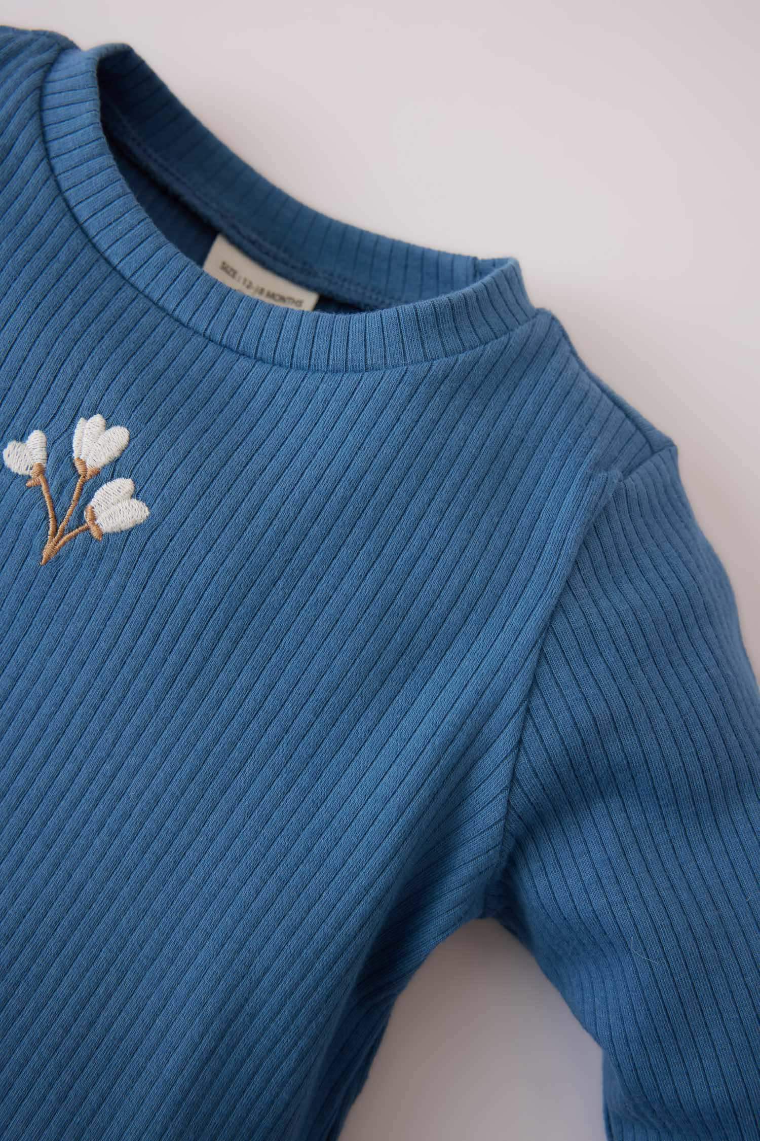 Kız Bebek 2'li Takım Çiçekli Fitilli Kaşkorse Uzun Kollu Tişört Beli Lastikli Alt