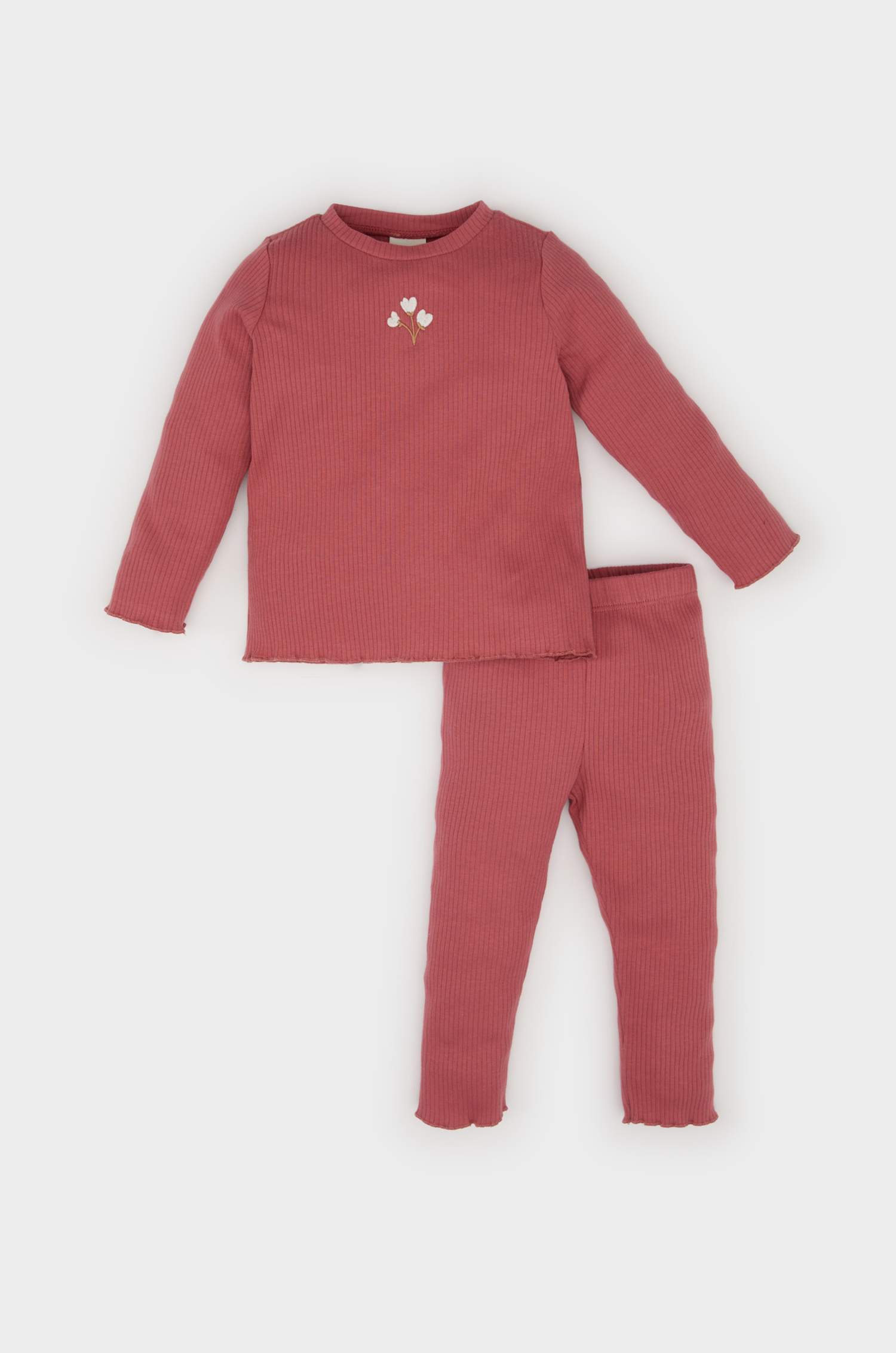 	Kız Bebek 2'li Takım Çiçekli Fitilli Kaşkorse Uzun Kollu Tişört Beli Lastikli Alt