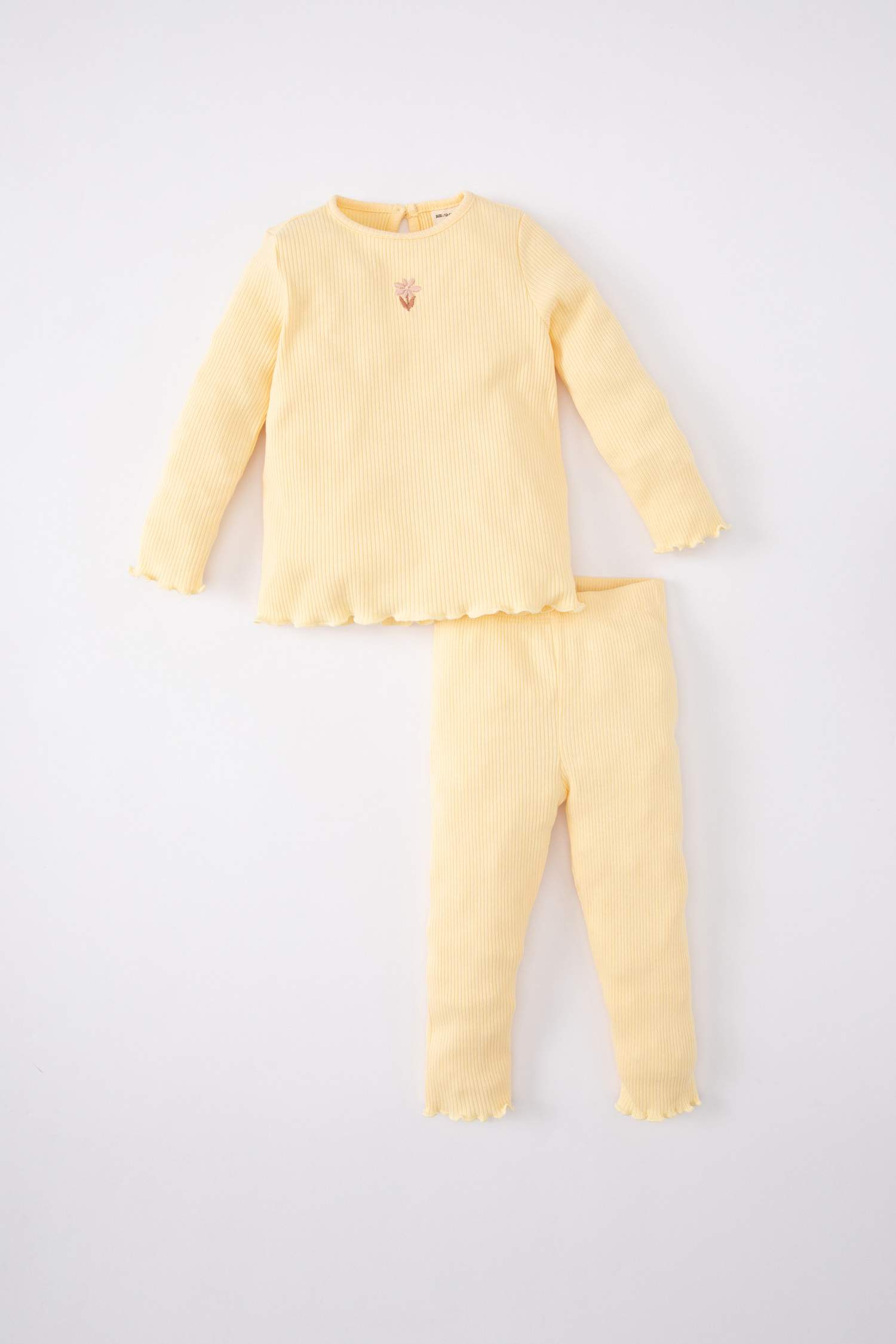 	Kız Bebek 2'li Takım Çiçekli Fitilli Kaşkorse Uzun Kollu Tişört Üst Beli Lastikli Alt