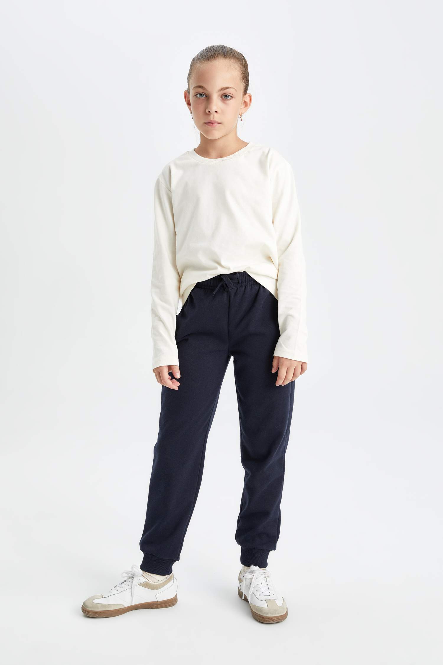 Kız Çocuk Lacivert Standart Fit Beli Paçası Lastikli Basic Düz Okul Jogger Eşofman Altı