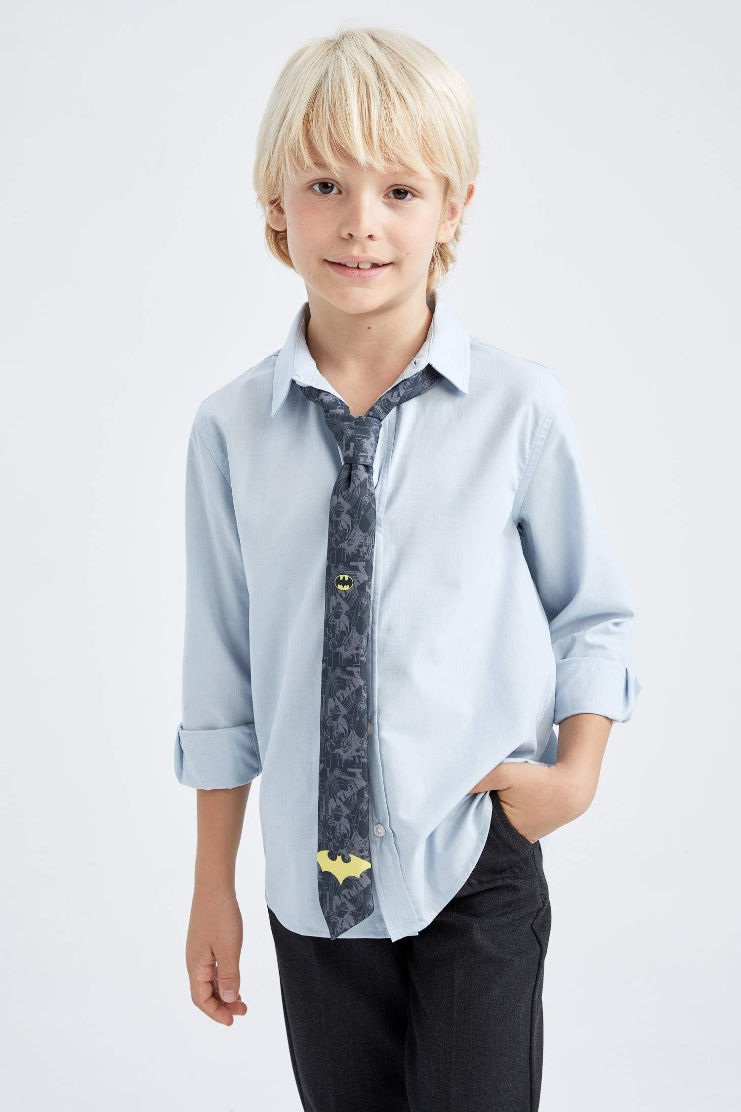 Erkek Çocuk Mavi Keten Görünümlü Uzun Kollu Okul Gömleği