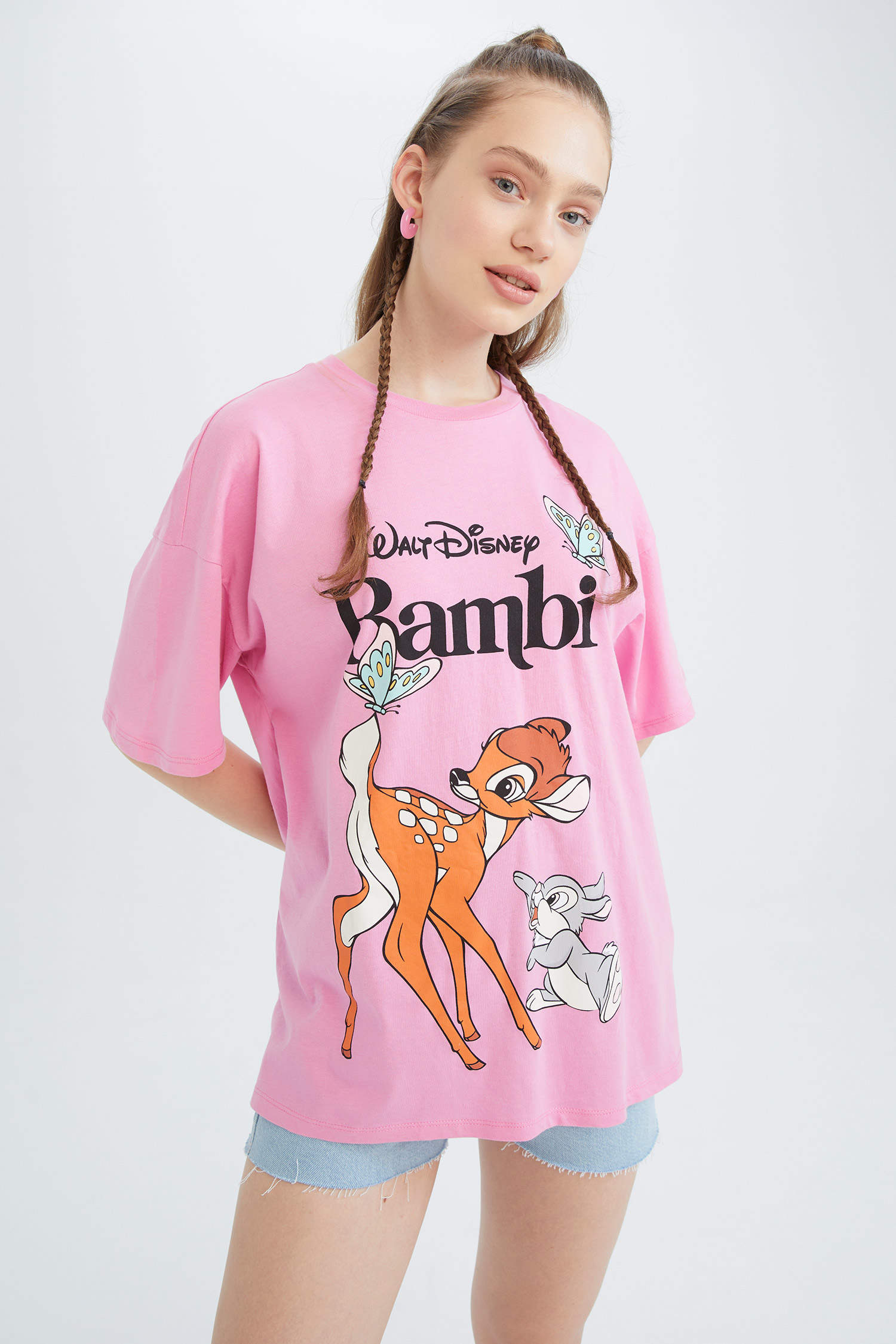 Pink Woman Oversize Fit Bambi Licensed Crew Neck Printed Short Sleeve T ...