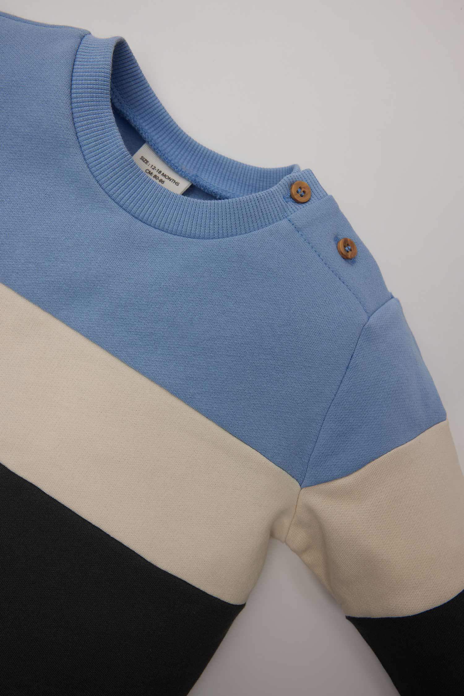 Erkek Bebek 2'li Takım Renk Bloklu İçi Yumuşak Tüylü Sweatshirt Beli Lastikli Eşofman Altı