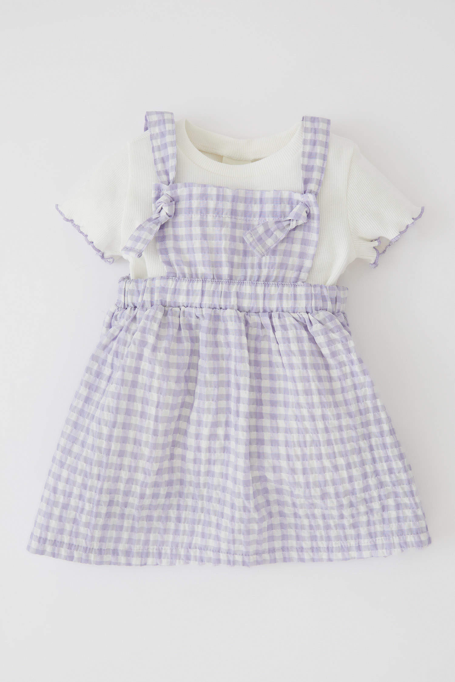 Defacto Kız Bebek Kısa Kollu Tişört Pötikare Desenli Askılı Elbise Takım. 3