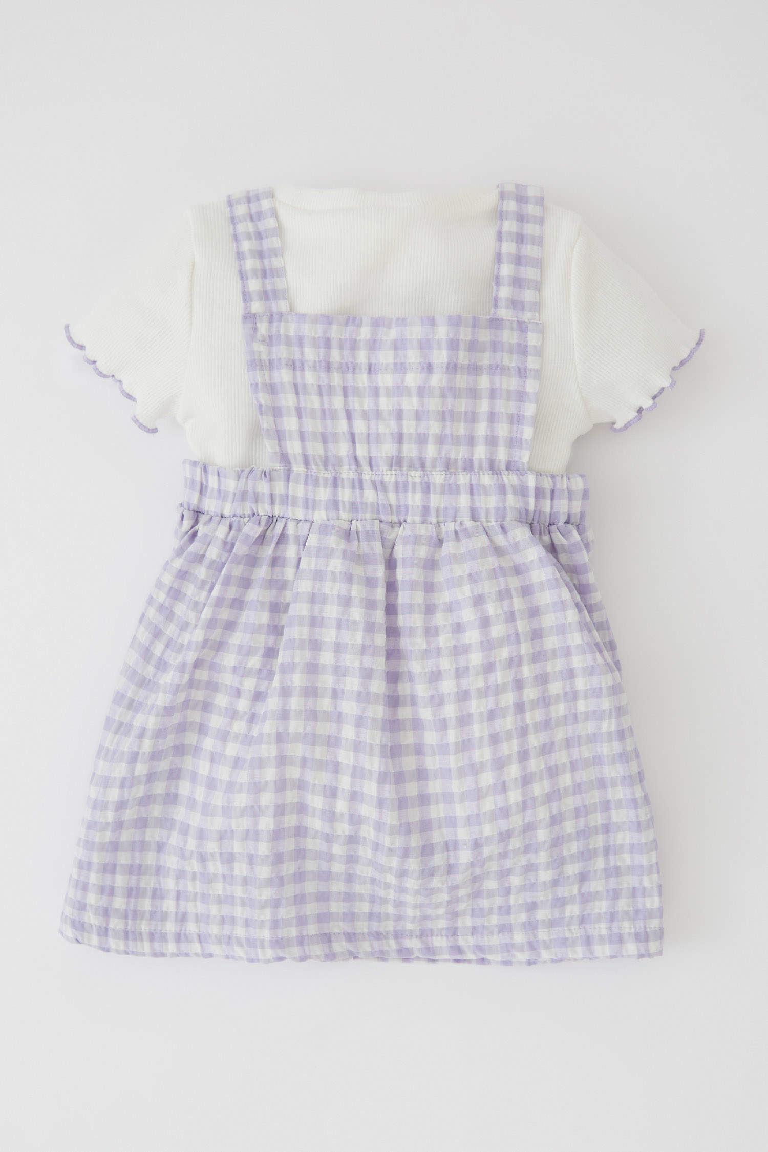 Defacto Kız Bebek Kısa Kollu Tişört Pötikare Desenli Askılı Elbise Takım. 5