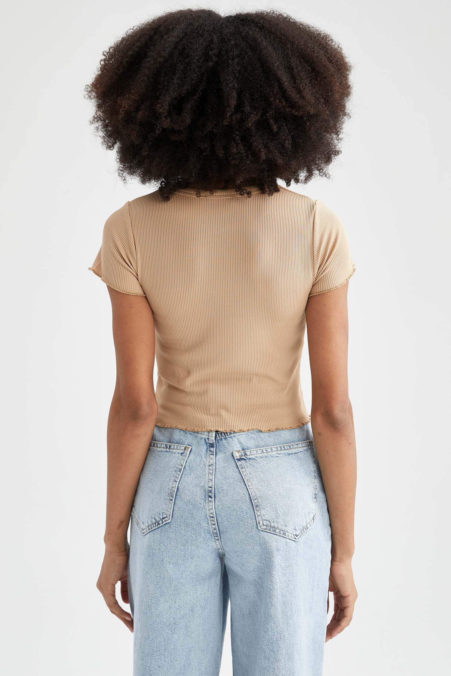 Coool Fitted Crop Bisiklet Yaka Kısa Kollu Fitilli Tişört