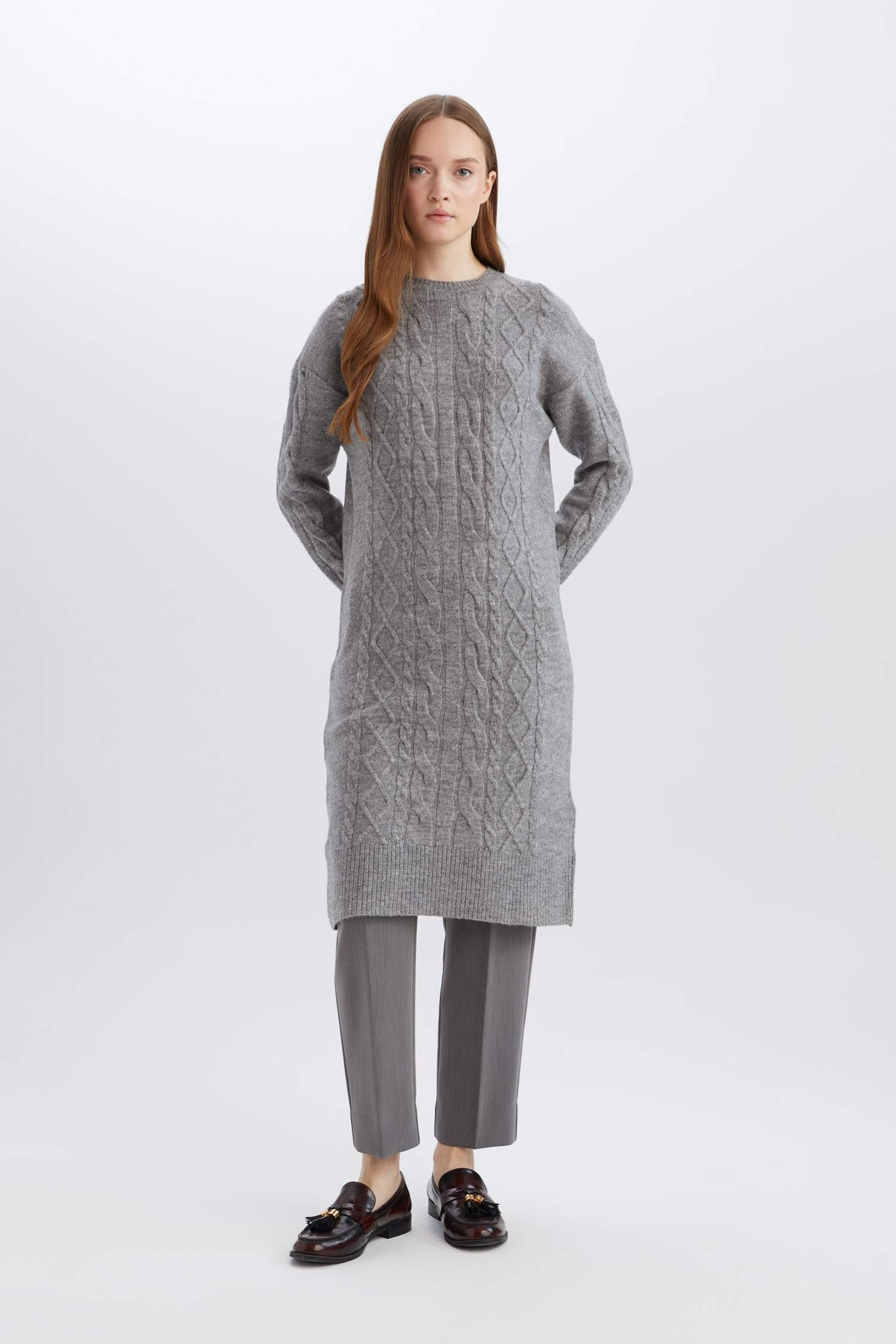 Regular Fit Crew Neck Knitted Basic Midi Knitwear Dress