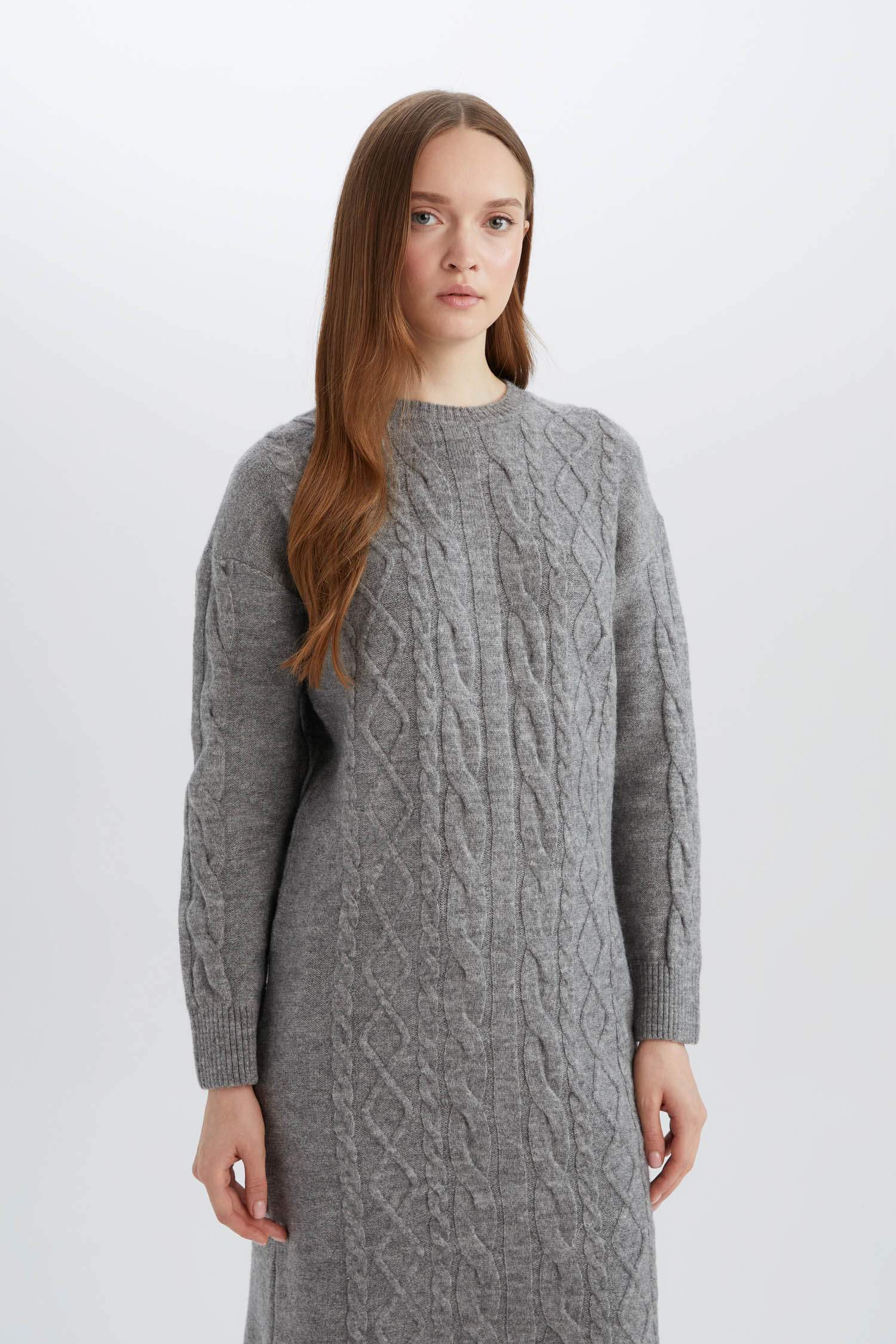 Regular Fit Crew Neck Knitted Basic Midi Knitwear Dress