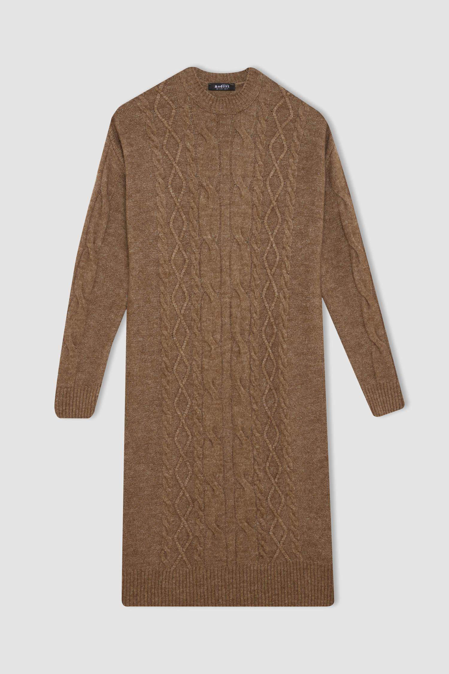 Regular Fit Bisiklet Yaka Saç Örgülü Basic Düz Uzun Kollu Maxi Triko  Elbise