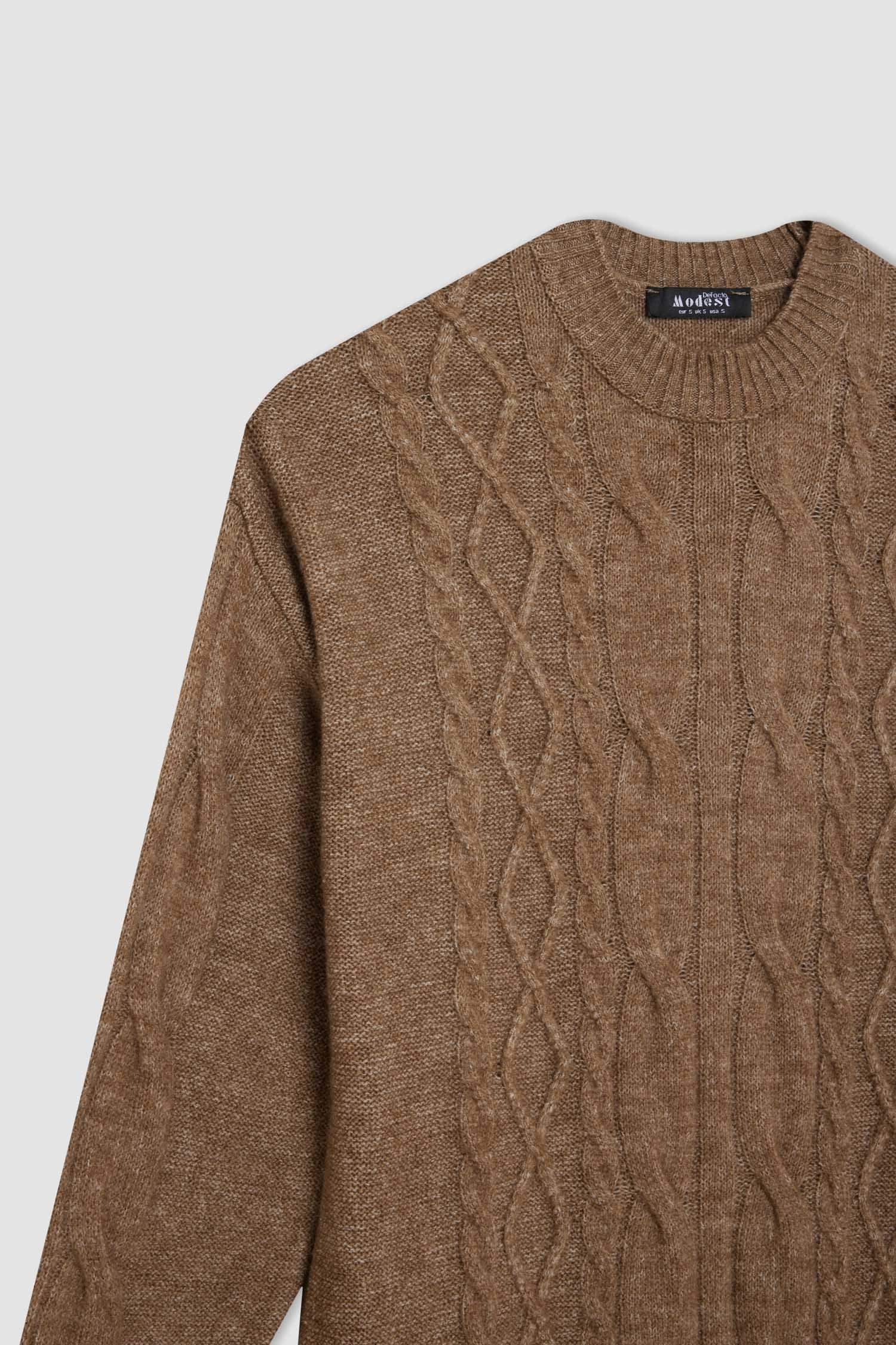 Regular Fit Bisiklet Yaka Saç Örgülü Basic Düz Uzun Kollu Maxi Triko  Elbise