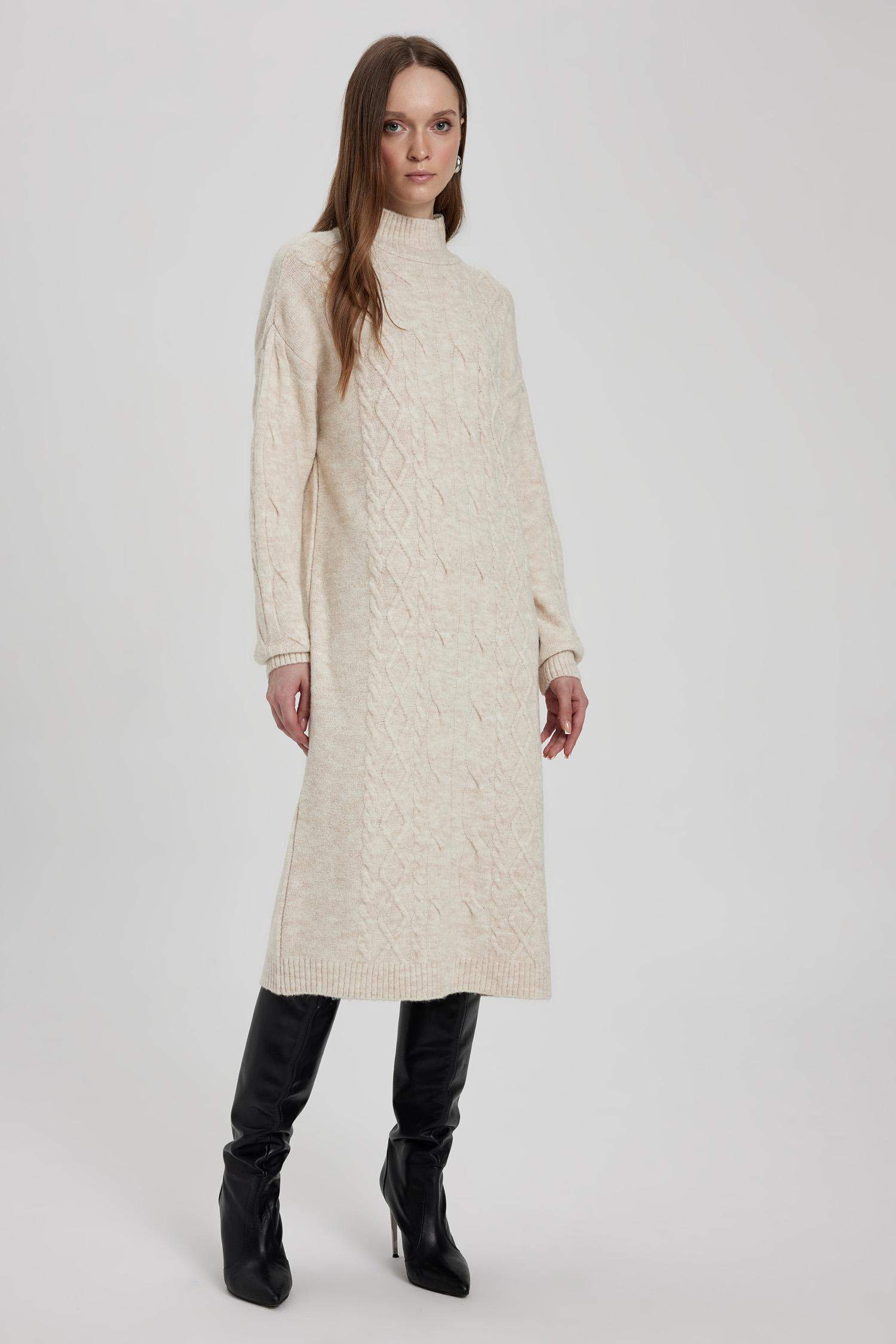 Regular Fit Bisiklet Yaka Saç Örgü Desenli Basic Düz Uzun Kollu Midi Triko Elbise