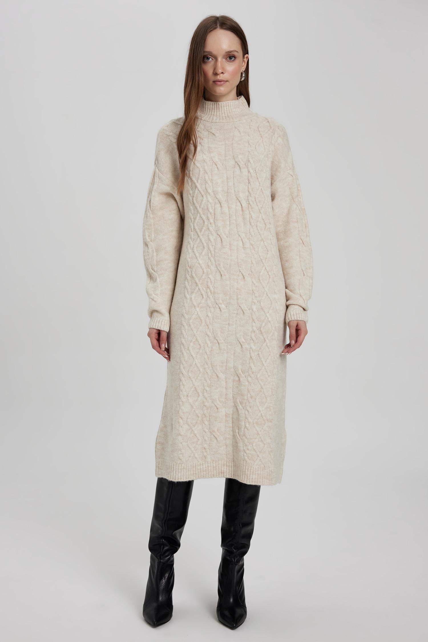 Regular Fit Bisiklet Yaka Saç Örgü Desenli Basic Düz Uzun Kollu Midi Triko Elbise