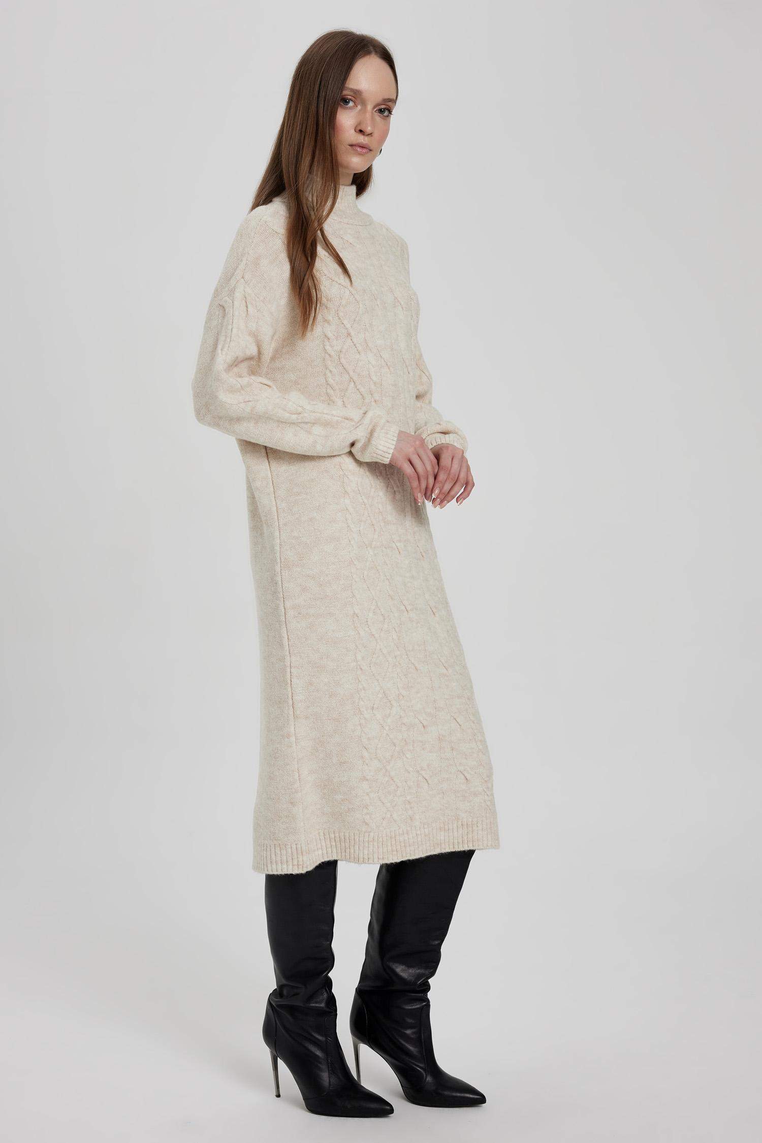 Regular Fit Bisiklet Yaka Saç Örgü Desenli Basic Düz Uzun Kollu Midi Triko Elbise