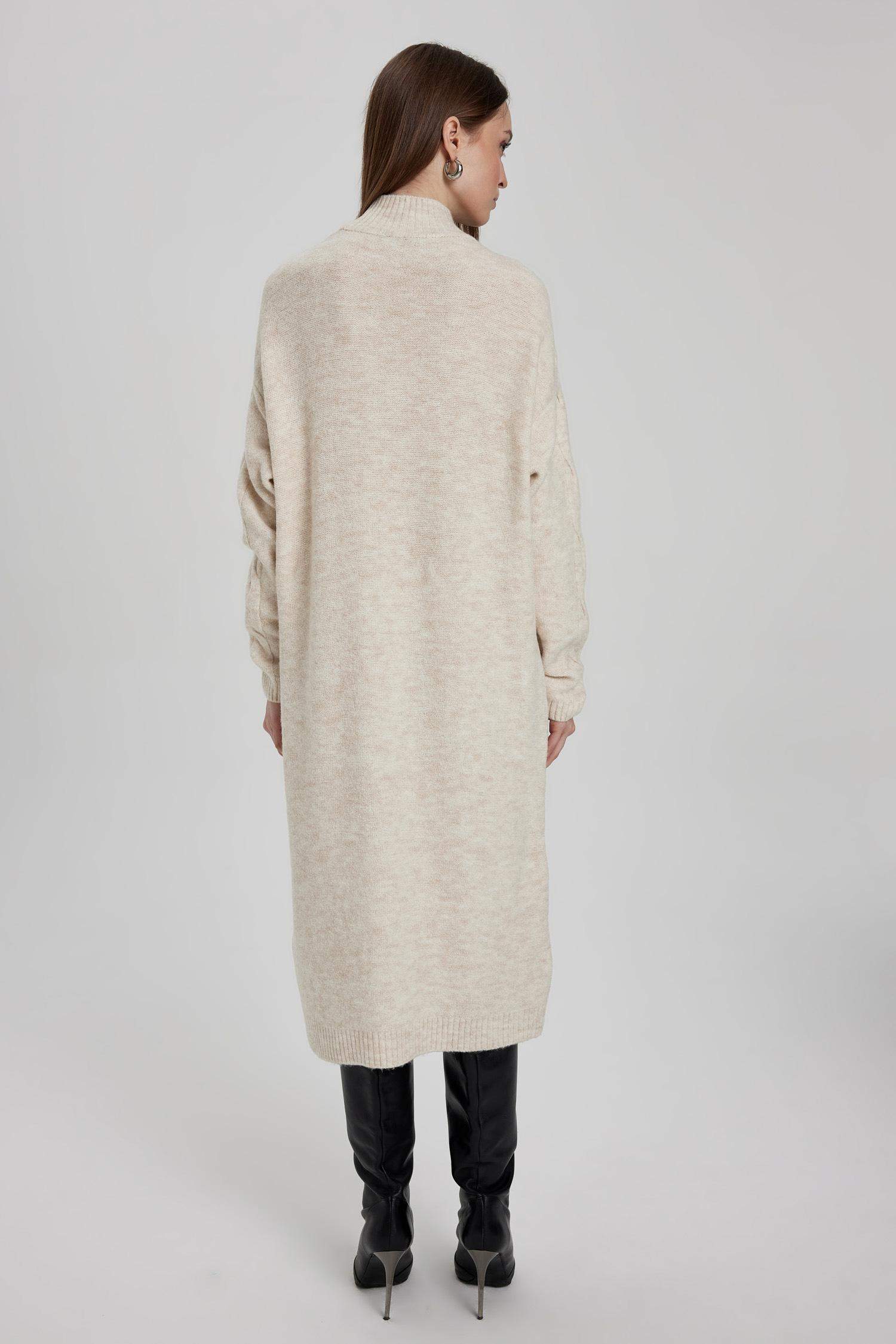 Regular Fit Bisiklet Yaka Saç Örgü Desenli Basic Düz Uzun Kollu Midi Triko Elbise